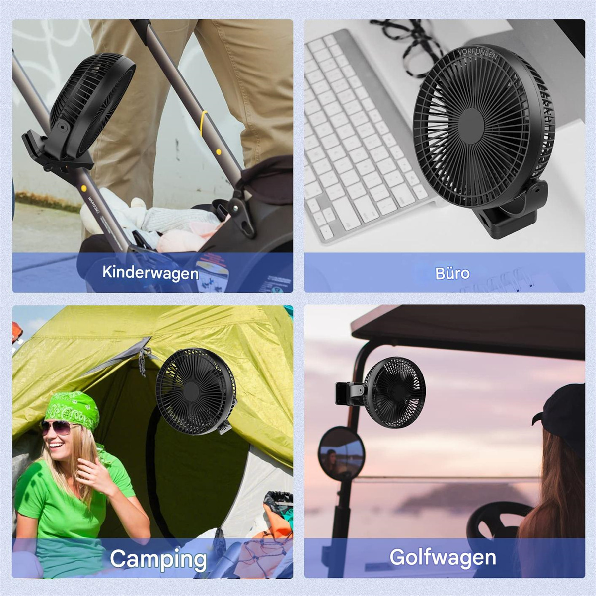 Vier Bilder zeigen einen schwarzen Ventilator, der an einem Kinderwagen, einem Schreibtisch, einem Zelt und einem Golfwagen befestigt ist. Text beschreibt jede Szene.