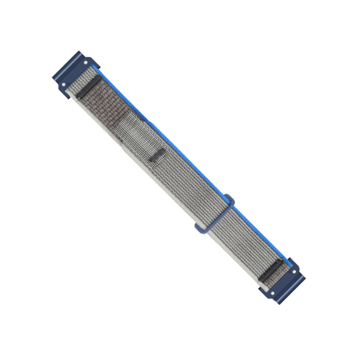 Un cinturino grigio e blu è in diagonale. Ha un motivo strutturato in grigio con accenti blu e chiusure in metallo alle estremità.