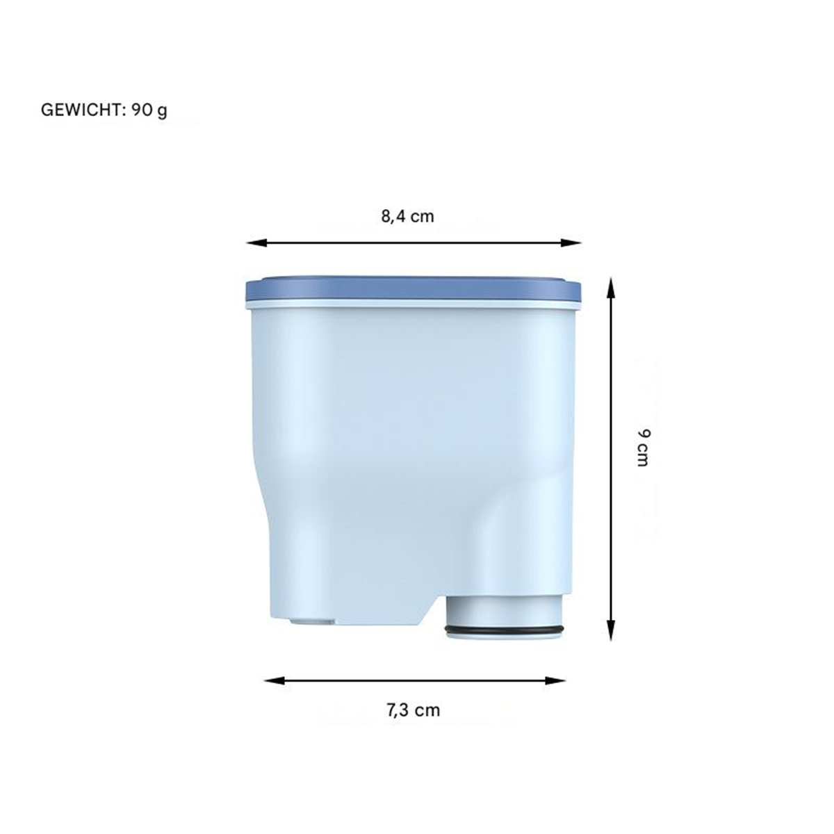 Ein hellblauer rechteckiger Filter mit dunkelblauem Deckel. Abmessungen sind beschriftet, Gewicht: 90 g. Maße: 8,4 cm, 9 cm und 7,3 cm.