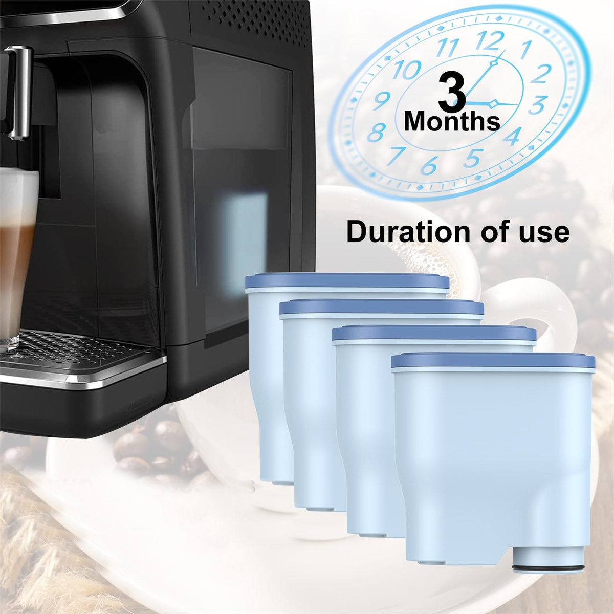 Eine Kaffeemaschine mit Filtern und einer Uhr, die 3 Monate Nutzung anzeigt. Die Filter sind blau und die Uhr auch.