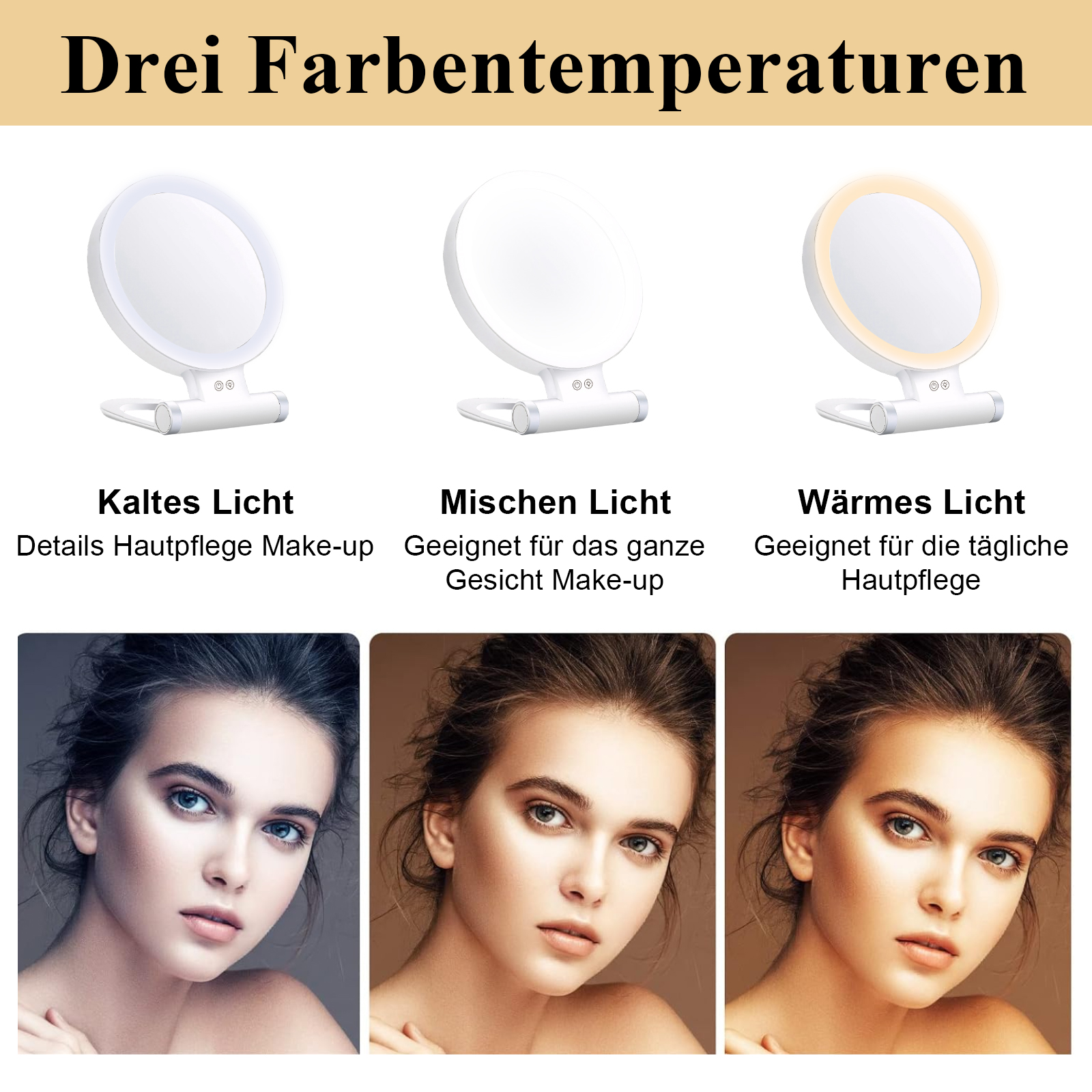 Das Bild zeigt drei beleuchtete Spiegel mit dem Gesicht einer Frau darunter. Jeder Spiegel zeigt unterschiedliche Farbeffekte.