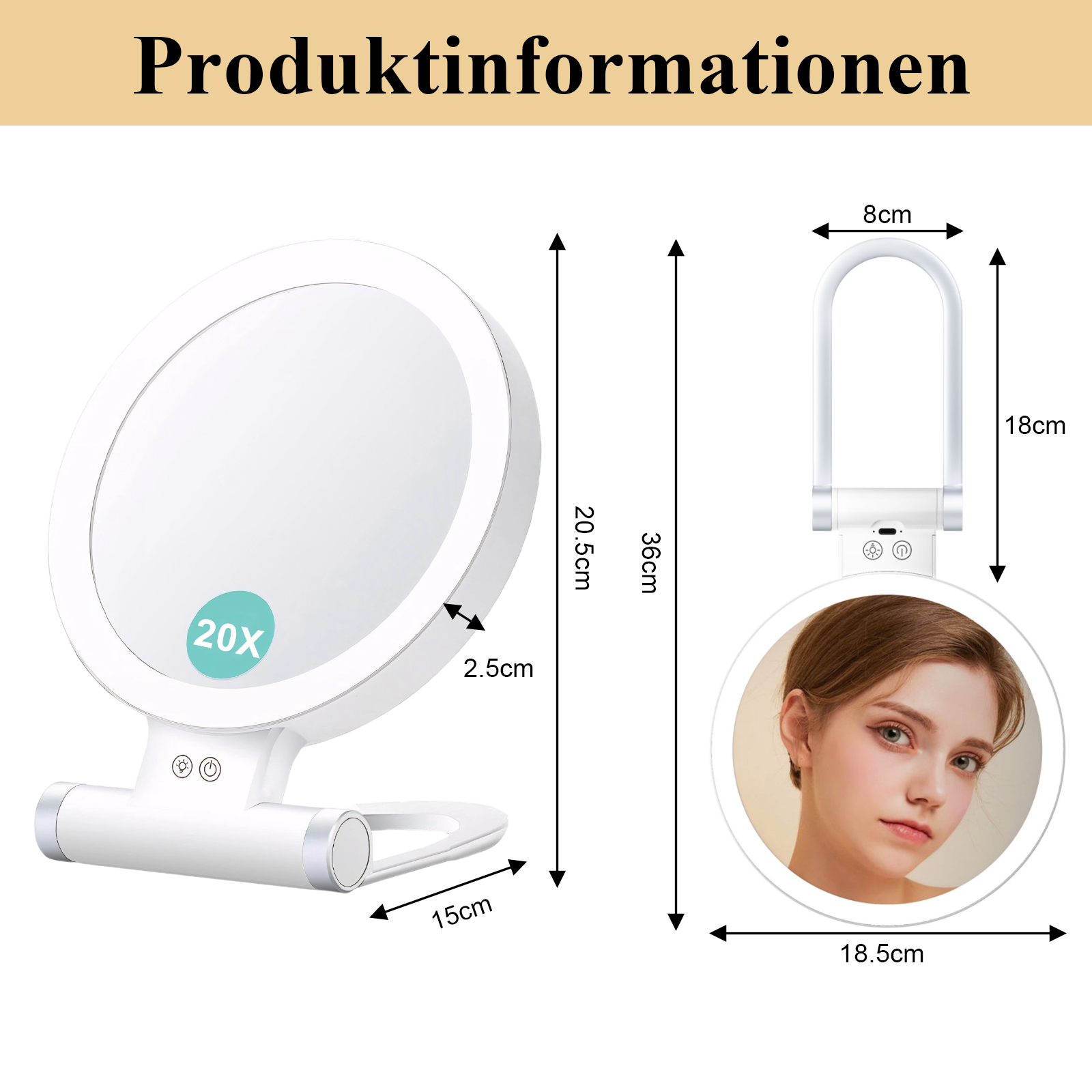 Ein weißer Vergrößerungs-Schminkspiegel mit dem Gesicht einer Frau im kleineren Spiegel. Abmessungen sind angegeben. Oben steht 'Produktinformationen'.