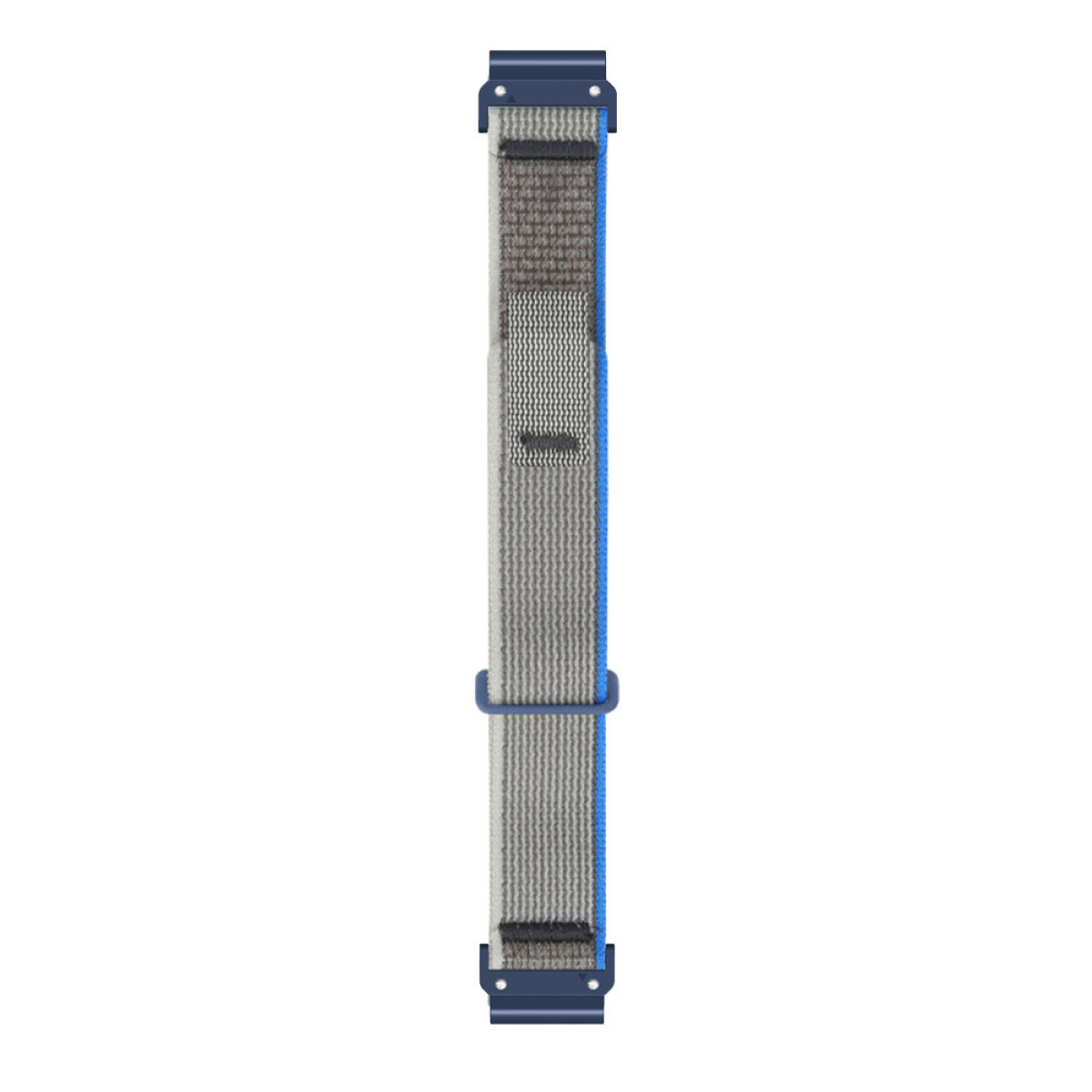 Un cinturino dell'orologio disposto verticalmente. Ha un tessuto grigio con una striscia blu. Le estremità e la chiusura sono blu scuro.