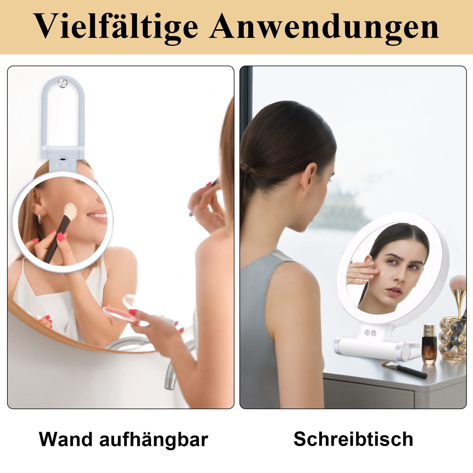 Zwei Frauen benutzen Spiegel. Eine trägt Make-up an einem Wandspiegel auf, die andere an einem Tischspiegel.