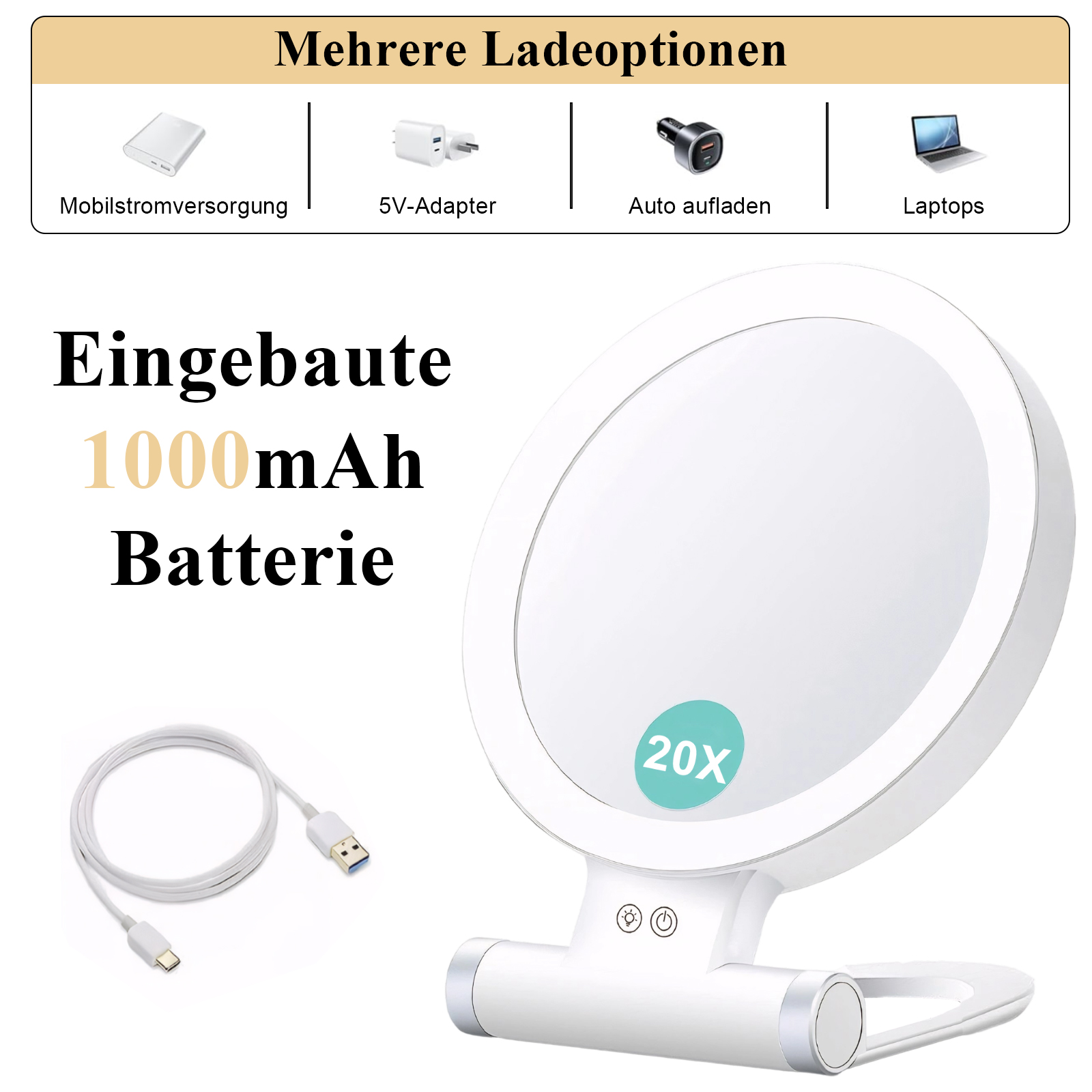 Weißer beleuchteter Make-up-Spiegel mit 20-facher Vergrößerung, Ladekabel und verschiedenen Ladeoptionen oben.