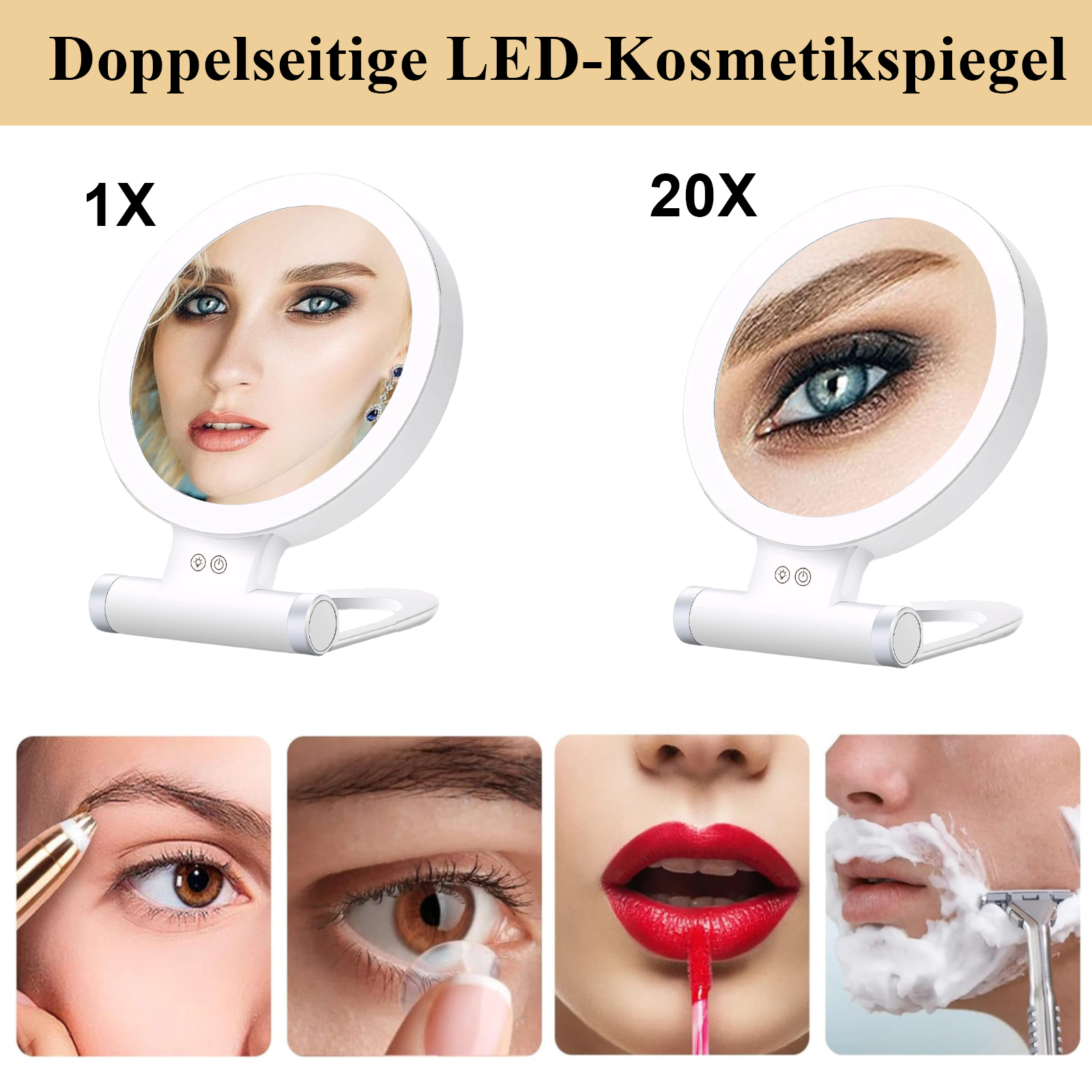 Ein Kosmetikspiegel zeigt Nahaufnahmen, Augen-Make-up, Lippenstift auftragen, Rasieren. Der Spiegel hat einen weißen Sockel und LED-Leuchten.