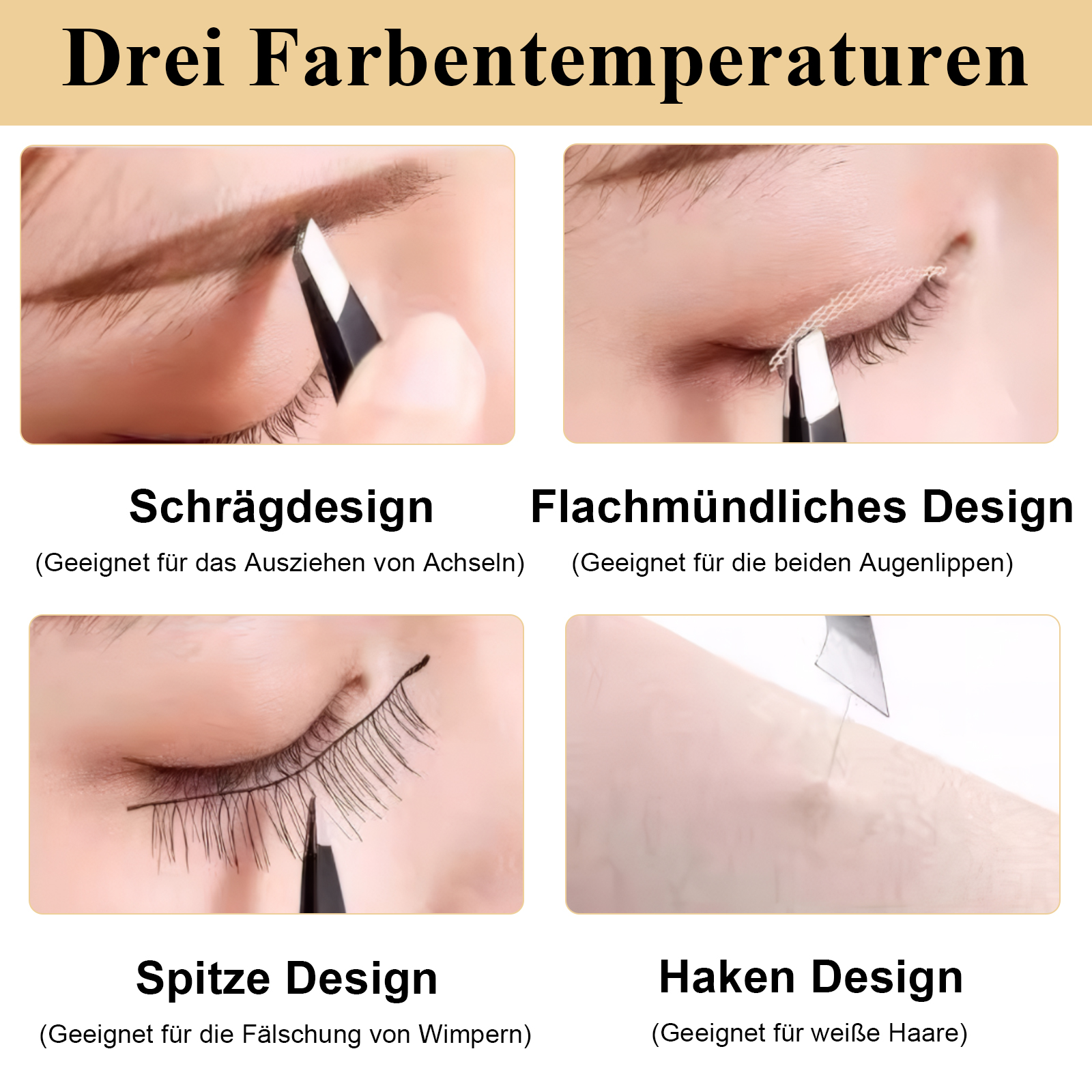 Das Bild zeigt vier Nahaufnahmen kosmetischer Eingriffe: Augenbrauen zupfen, Augenpatches auftragen, falsche Wimpern auftragen und Armhaare rasieren.