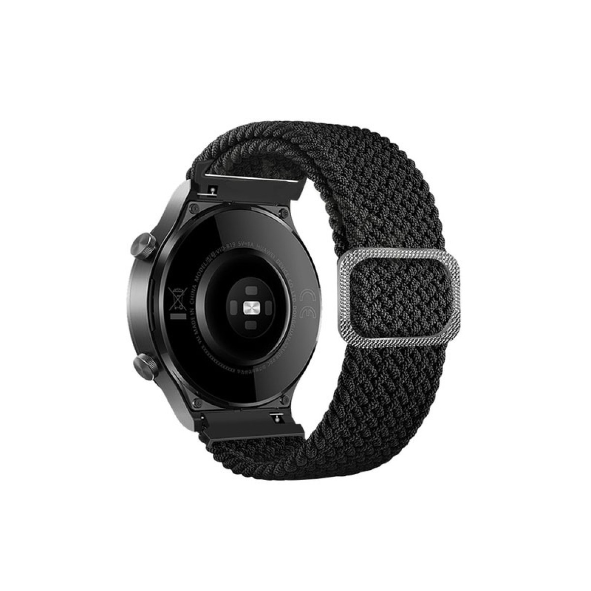 Schwarze Smartwatch mit schwarzem geflochtenem Armband. Die Rückseite der Uhr ist sichtbar, mit Details. Das Armband hat eine silberne Schnalle.