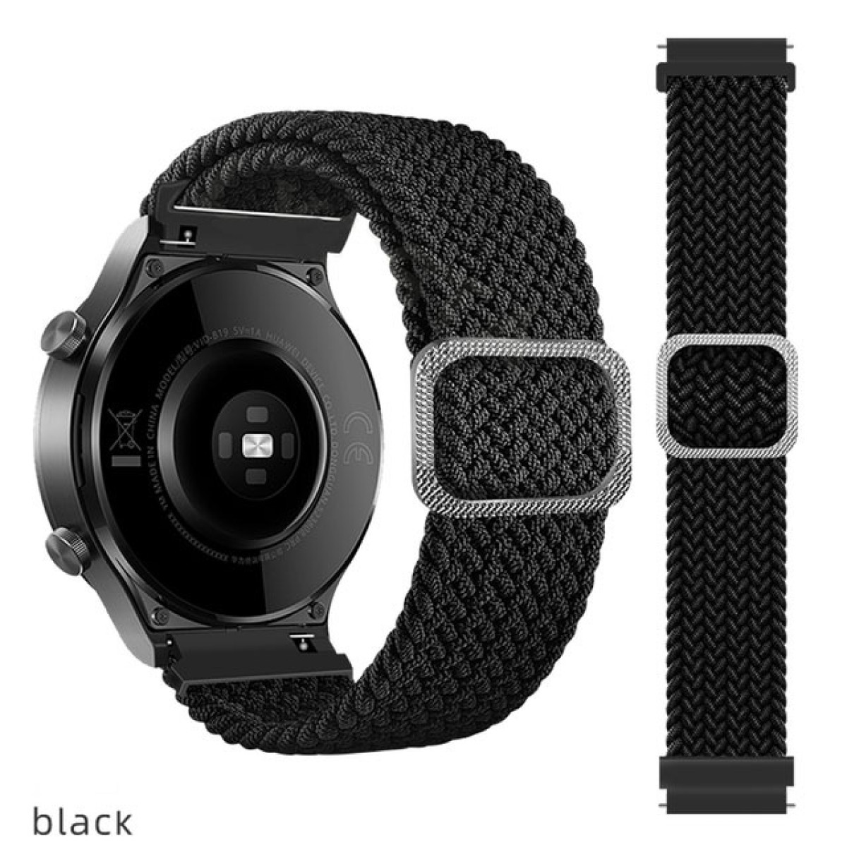 Schwarze Smartwatch mit geflochtenem Armband und zusätzlichem Armband. Die Uhr ist schwarz mit silbernen Schnallen, das Armband ist schwarz.