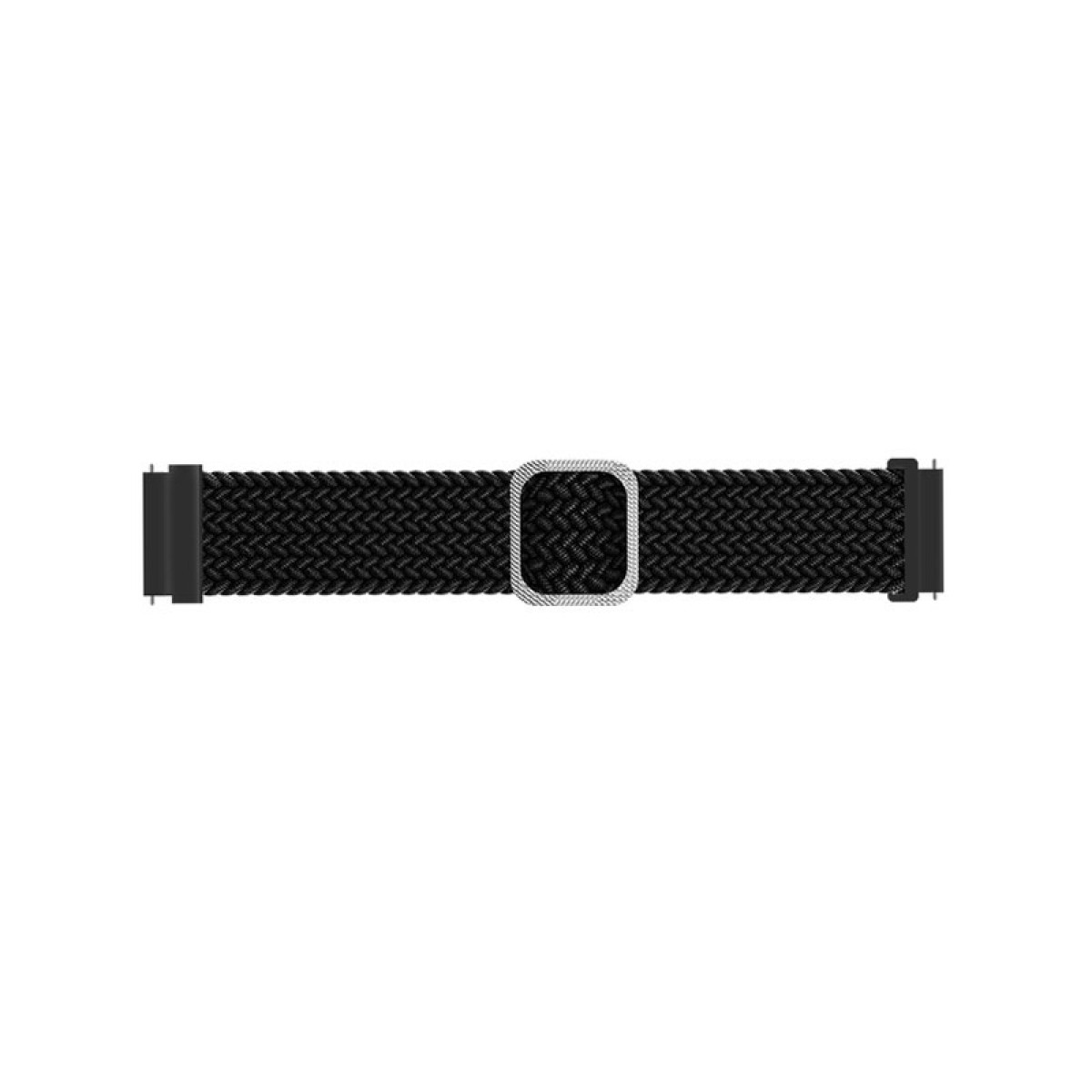 Ein schwarzes Uhrenarmband mit silberner Schnalle. Das Band ist gewebt, der Hintergrund ist weiß.