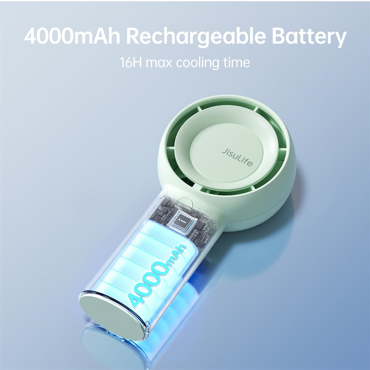 Ein mintgrüner JisuLife-Handventilator zeigt seinen 4000-mAh-Akku mit einer maximalen Kühlzeit von 16 Stunden.