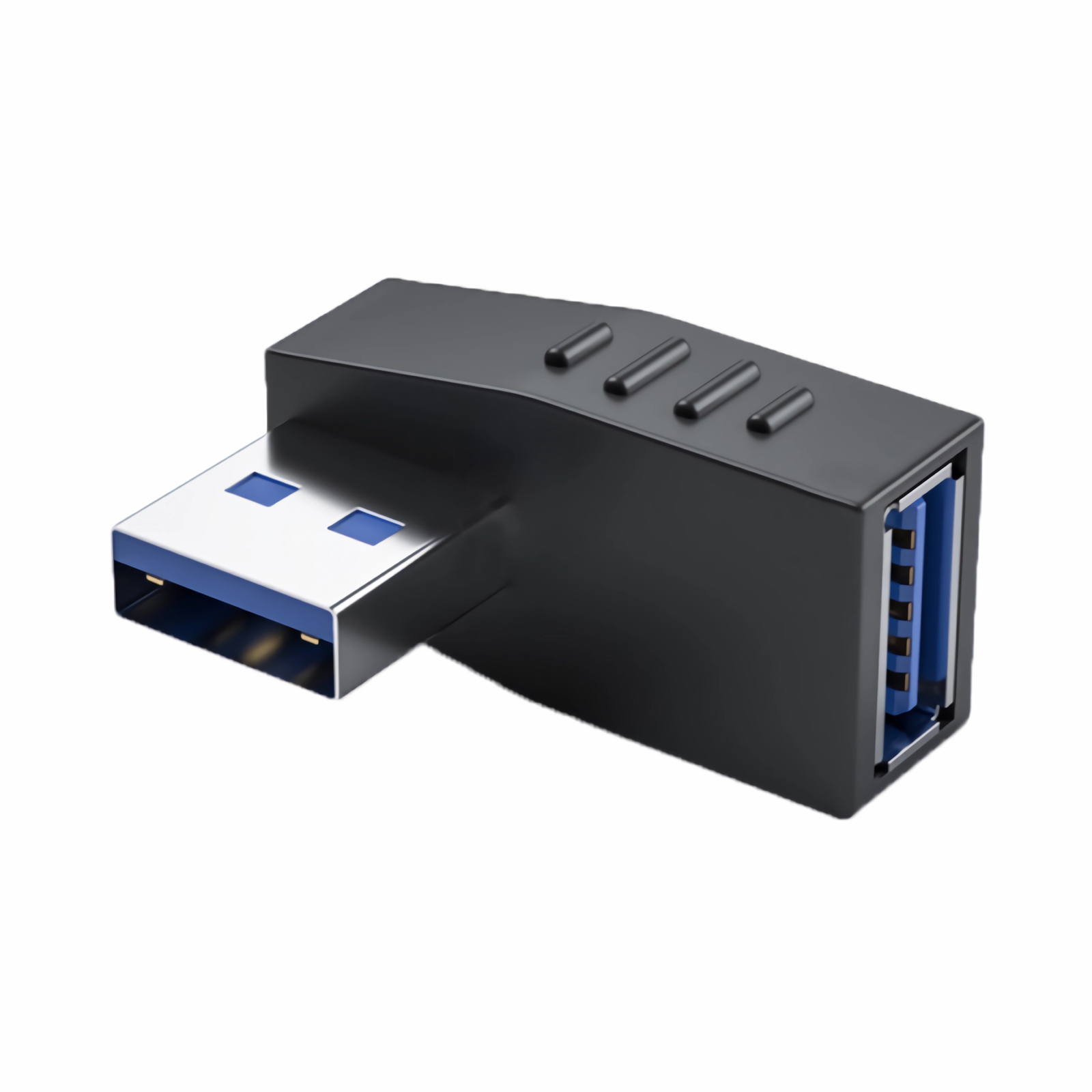 Ein schwarzer USB-Adapter mit blauem Anschluss und silbernem USB-Stecker. Der Hintergrund ist weiß.