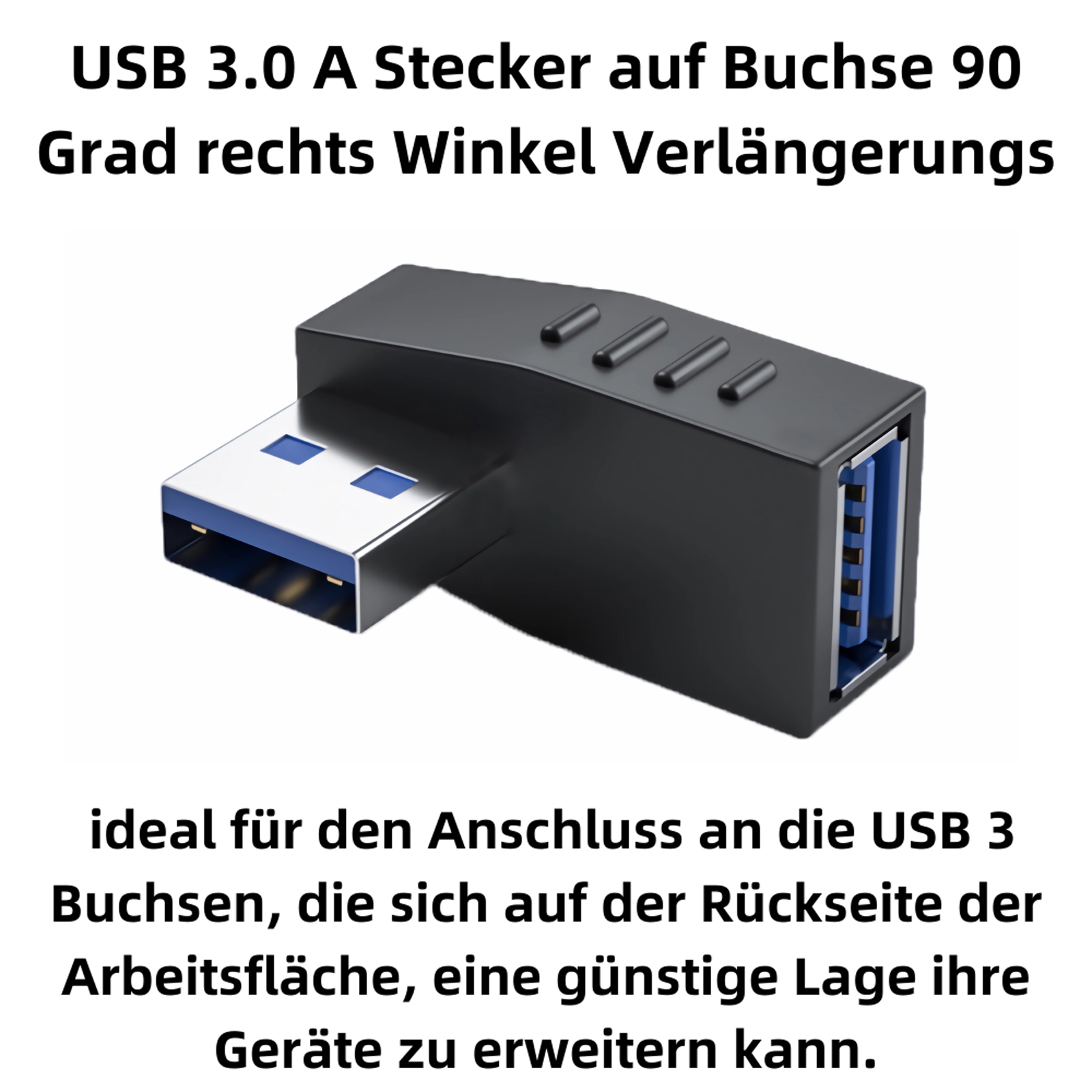 Ein schwarzer USB 3.0 Adapter. Er hat ein männliches und ein weibliches Ende, für den Anschluss von Geräten.