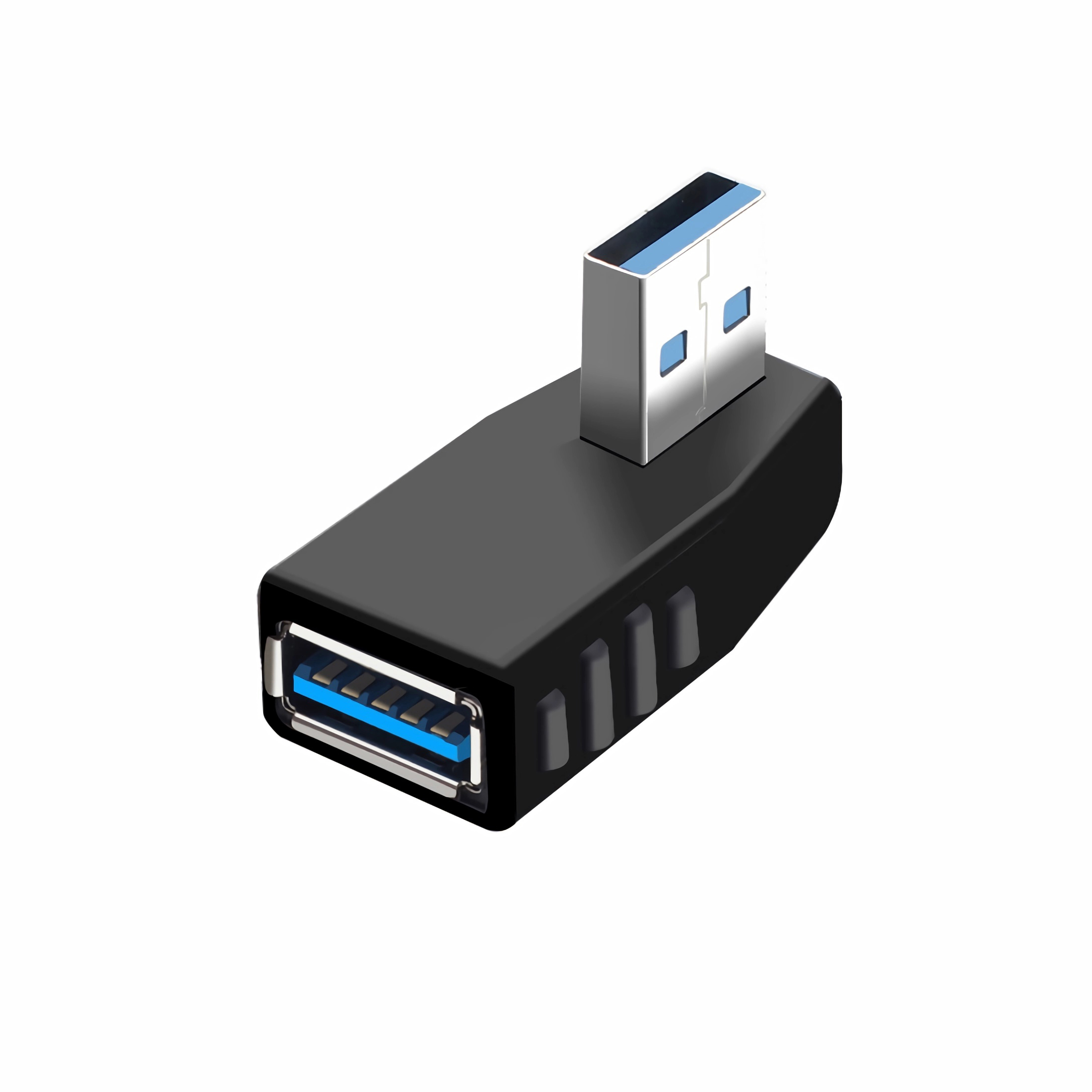 Ein schwarzer USB-Adapter mit einem silbernen USB-Anschluss. Der Hintergrund ist weiß.