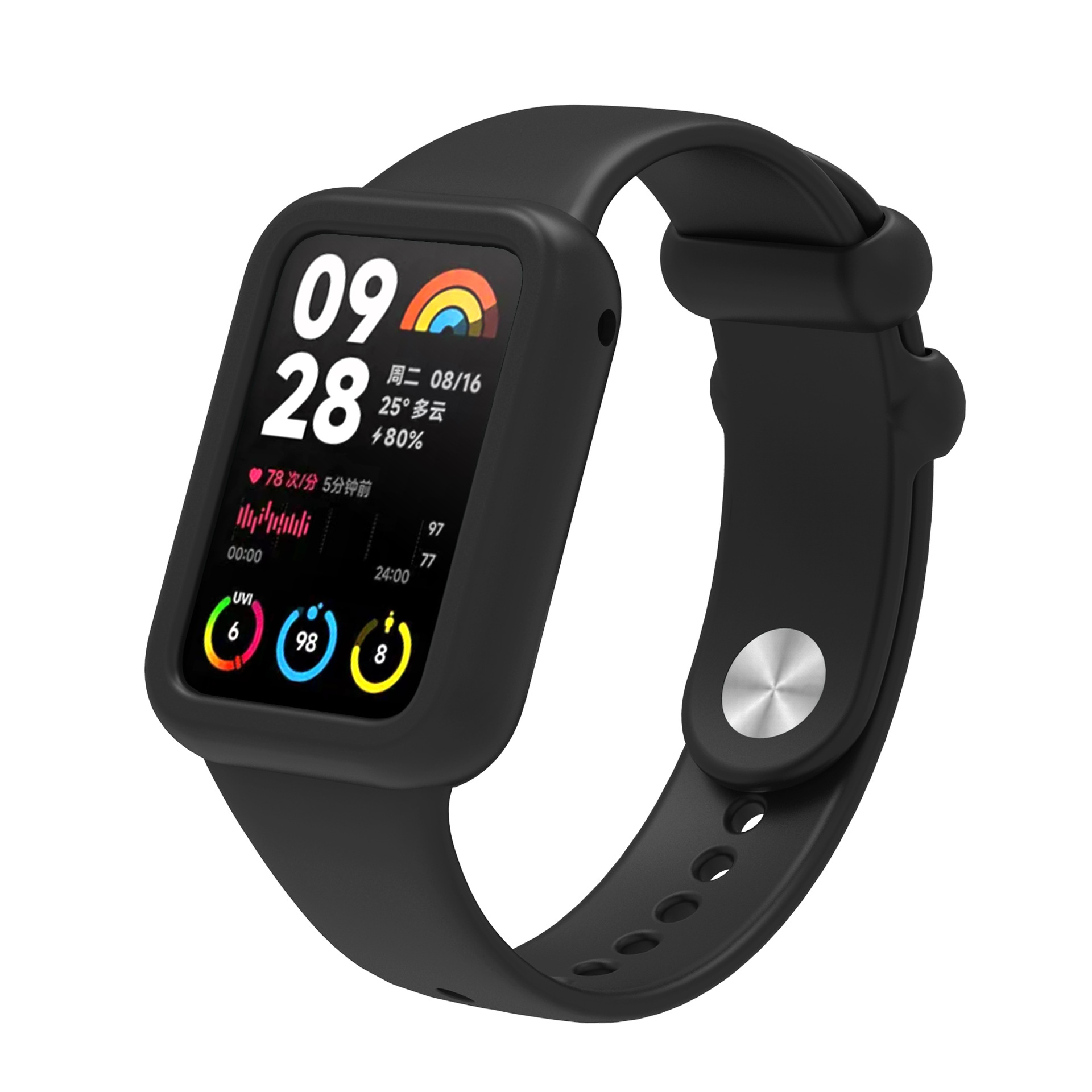 Uno smartwatch nero con un display che mostra la data e l'ora. Un'icona arcobaleno è sullo schermo. Il cinturino è nero.