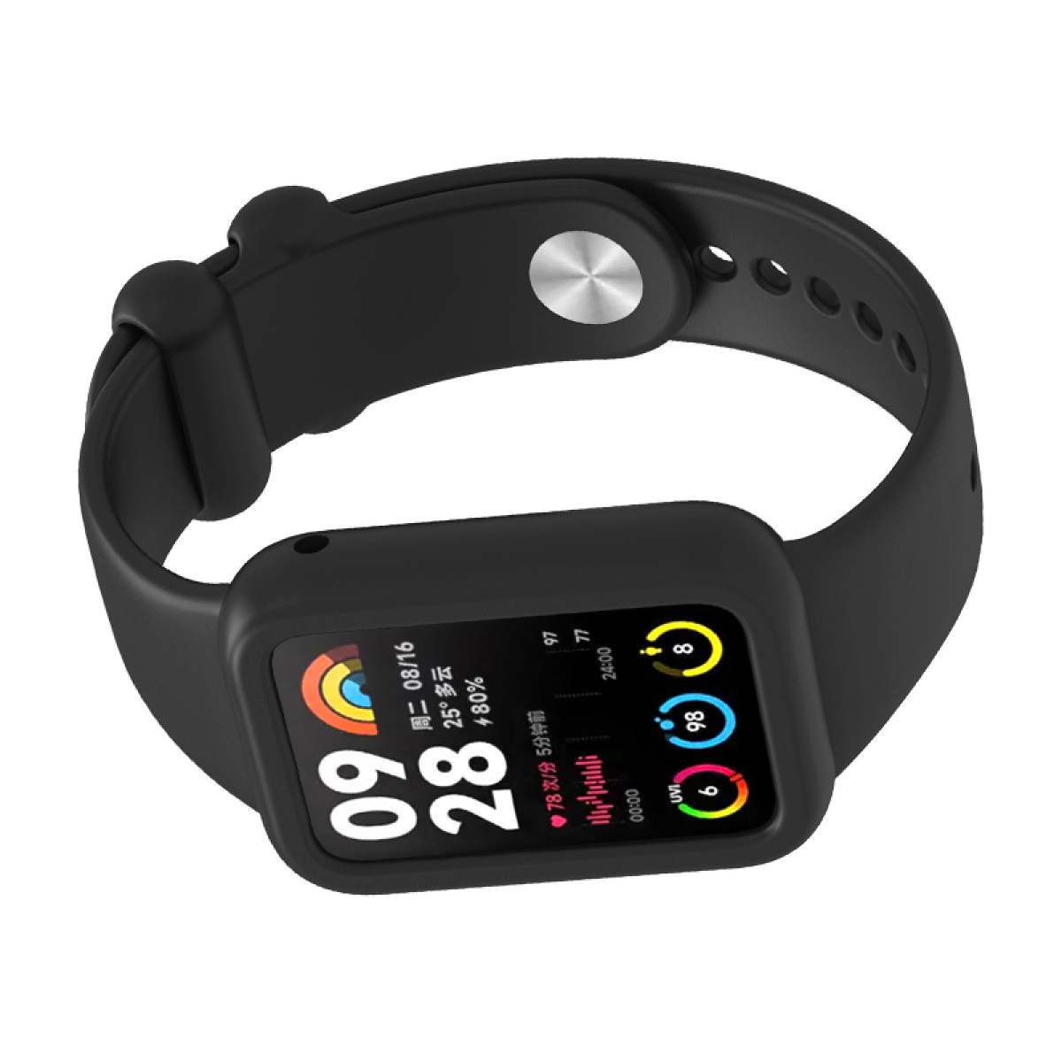 Smartwatch nero con schermo che mostra numeri e icone. Anche il cinturino è nero. L'ora è 09:28.