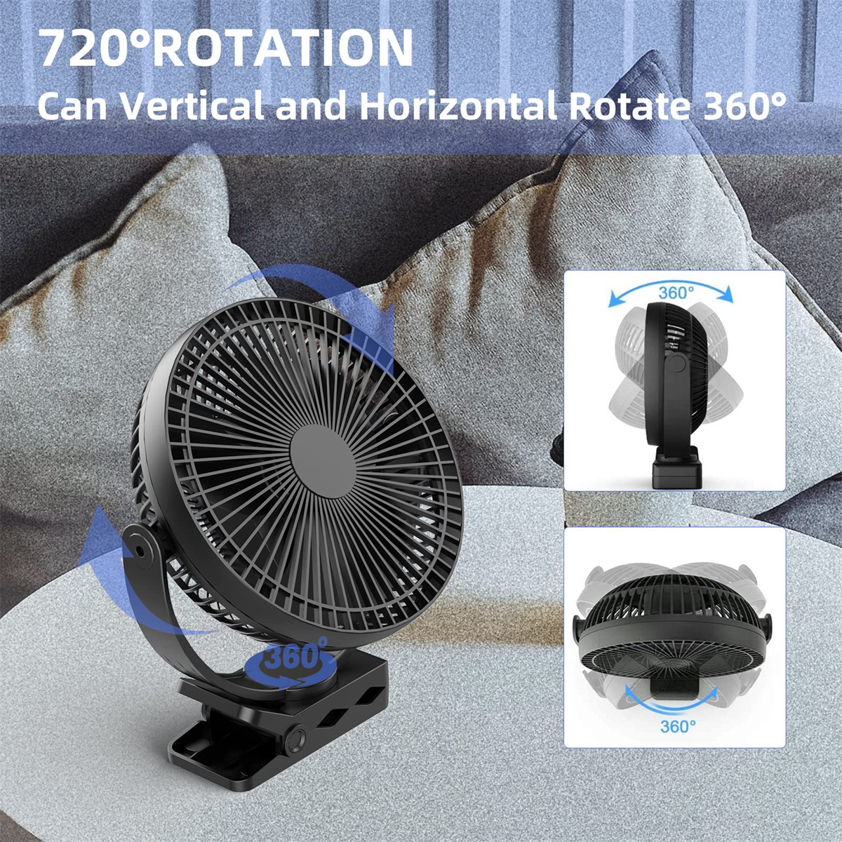 Ein schwarzer Ventilator wird angezeigt, mit dem Text '720°ROTATION' und 'Can Vertical and Horizontal Rotate 360°'. Er dreht sich um 360 Grad.