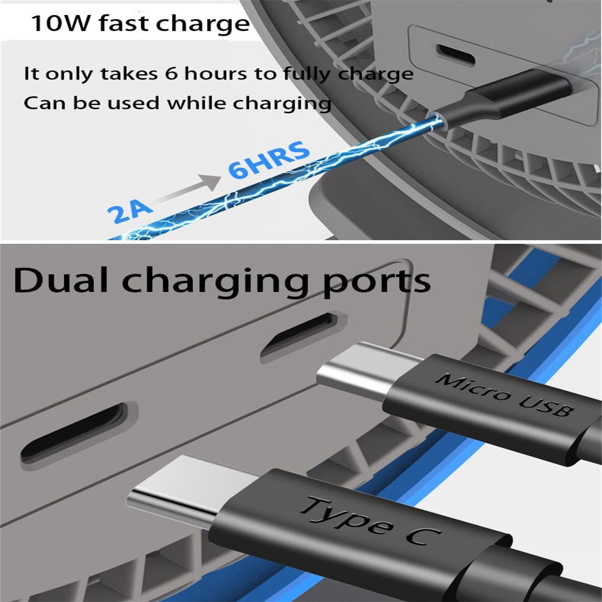 Das Bild zeigt ein Gerät mit zwei Ladeanschlüssen (Micro-USB und Typ C). Es hebt die 10W Schnellladung hervor, die 6 Stunden dauert.