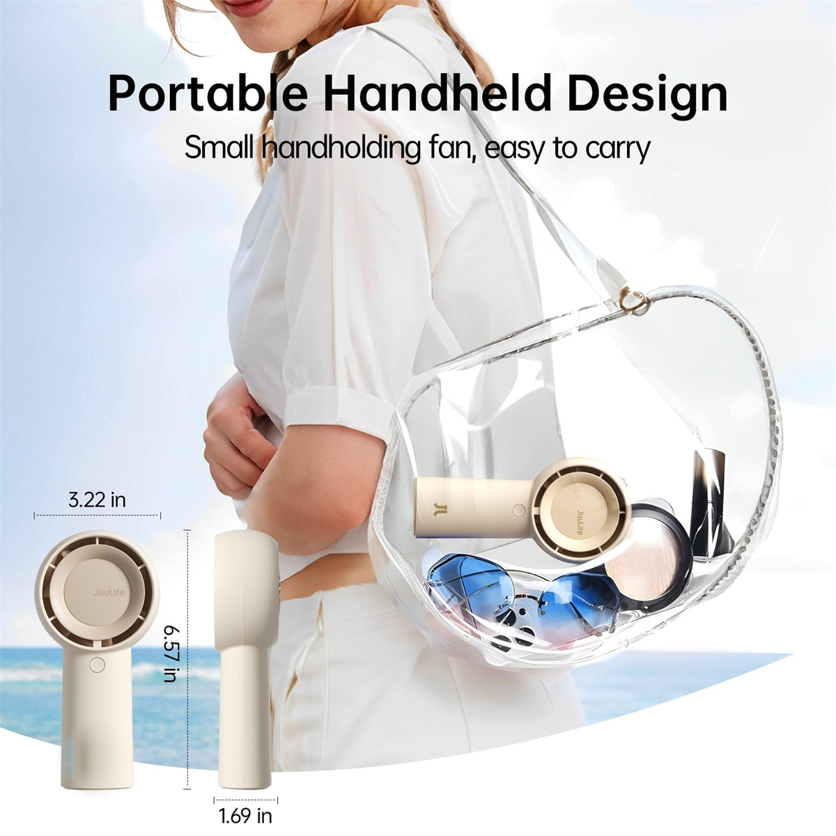 Eine Frau hält eine durchsichtige Tasche mit Fächer, Sonnenbrille und Make-up. Ein Handventilator wird mit Abmessungen gezeigt. Text sagt 'Tragbares Handheld-Design'.