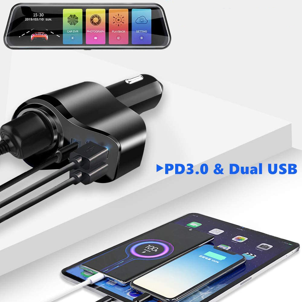 Ein schwarzes Autoladegerät mit USB-Anschlüssen ist mit einem Tablet und einem Smartphone verbunden, beide zeigen den Ladestatus.