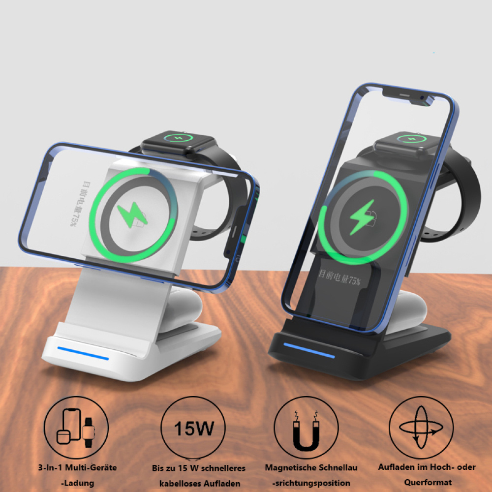 Zwei kabellose Ladestationen mit Telefonen und Smartwatches. Anzeigen zeigen 75% Akku. Merkmale: 15W Laden, magnetische Ausrichtung.
