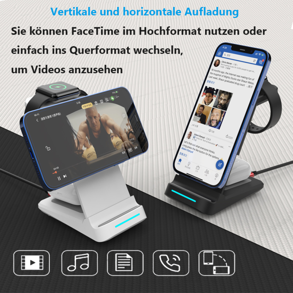 Ein Telefon mit Video und ein anderes mit Social-Media-App stehen auf Ladestationen. Auch eine Uhr ist vorhanden.