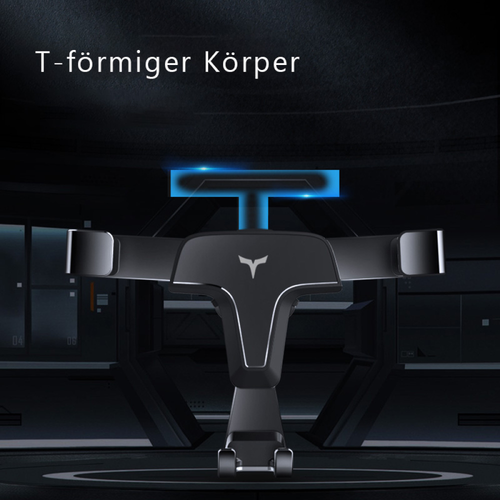 Ein schwarzer T-förmiger Autotelefonhalter mit Logo in futuristischer Umgebung. Text oben: "T-förmiger Körper".