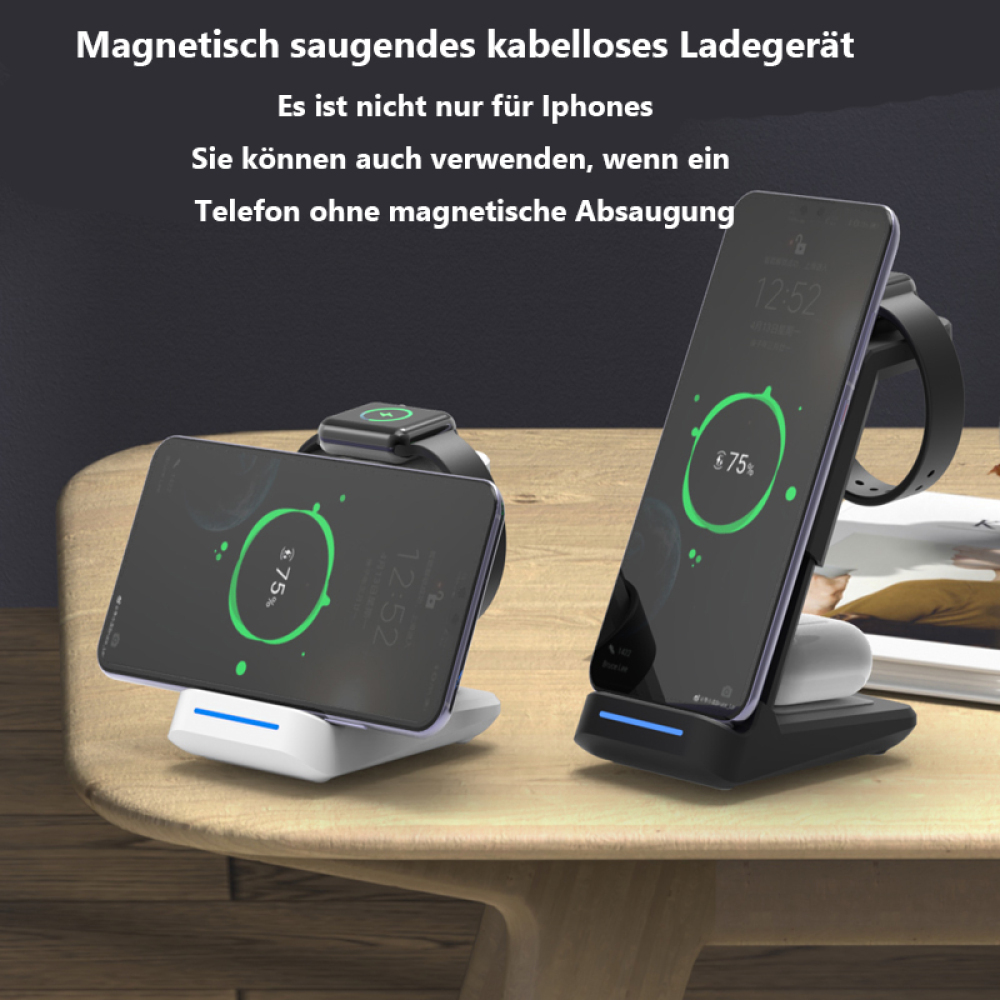 Eine Ladestation mit zwei Handys und einer Smartwatch. Die Handys zeigen 75 % Ladung an. Die Station steht auf einem Holztisch.