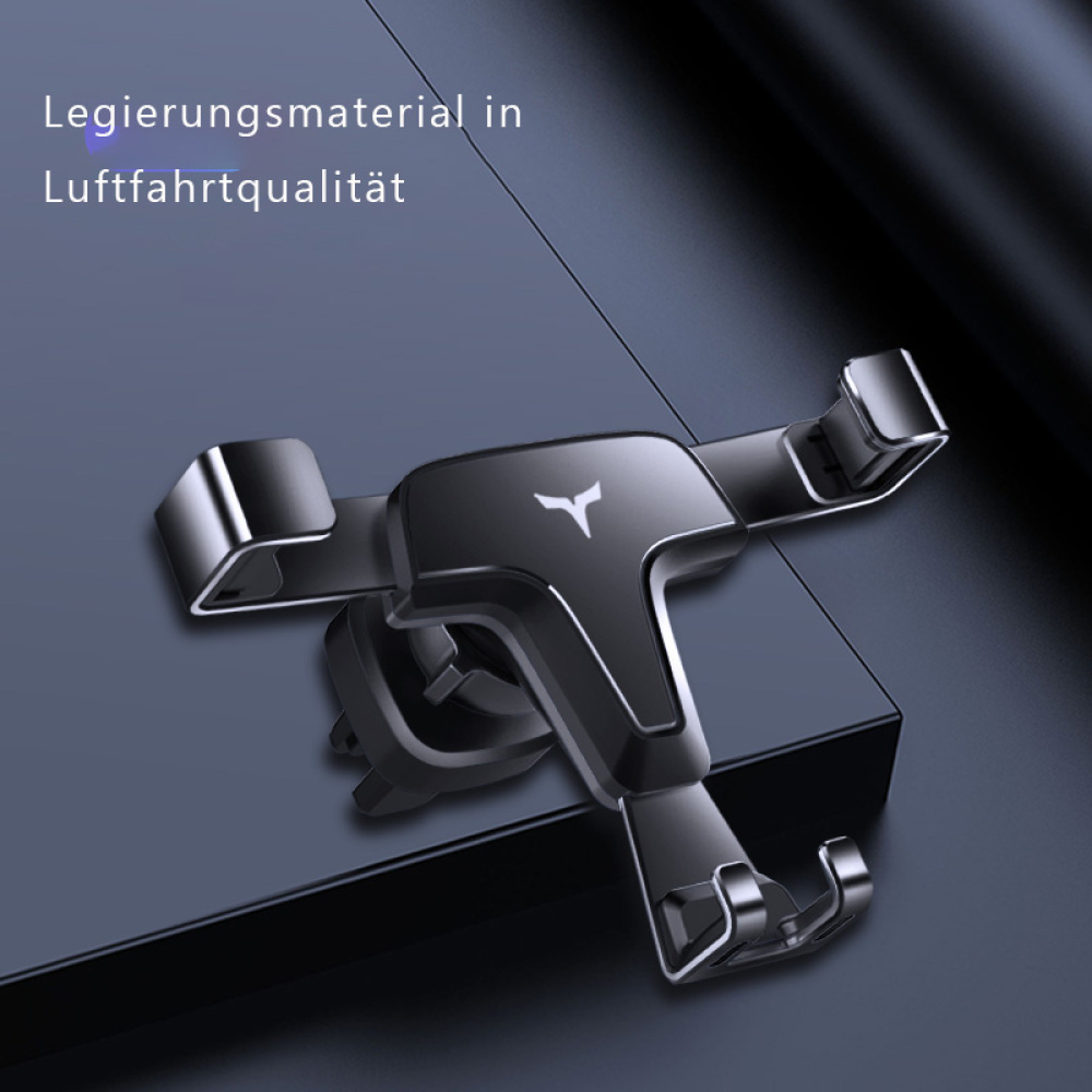 Ein schwarzer Autotelefonhalter. Er steht auf einer dunklen Oberfläche. Der Text oben lautet 'Legierungsmaterial in Luftfahrtqualität'.