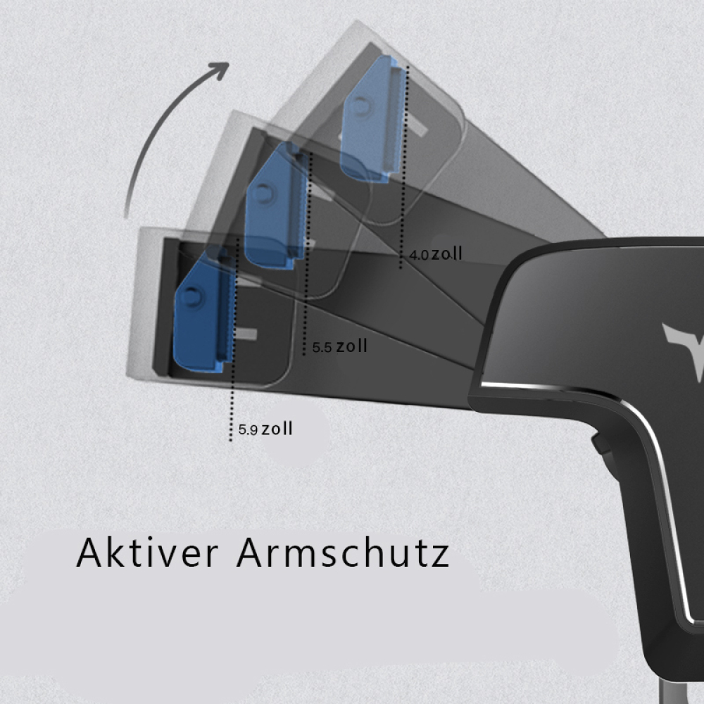 Diagramm eines schwarzen Geräts mit blau hervorgehobenen Bereichen, das einen aktiven Armschutzmechanismus veranschaulicht. Abmessungen werden angezeigt.