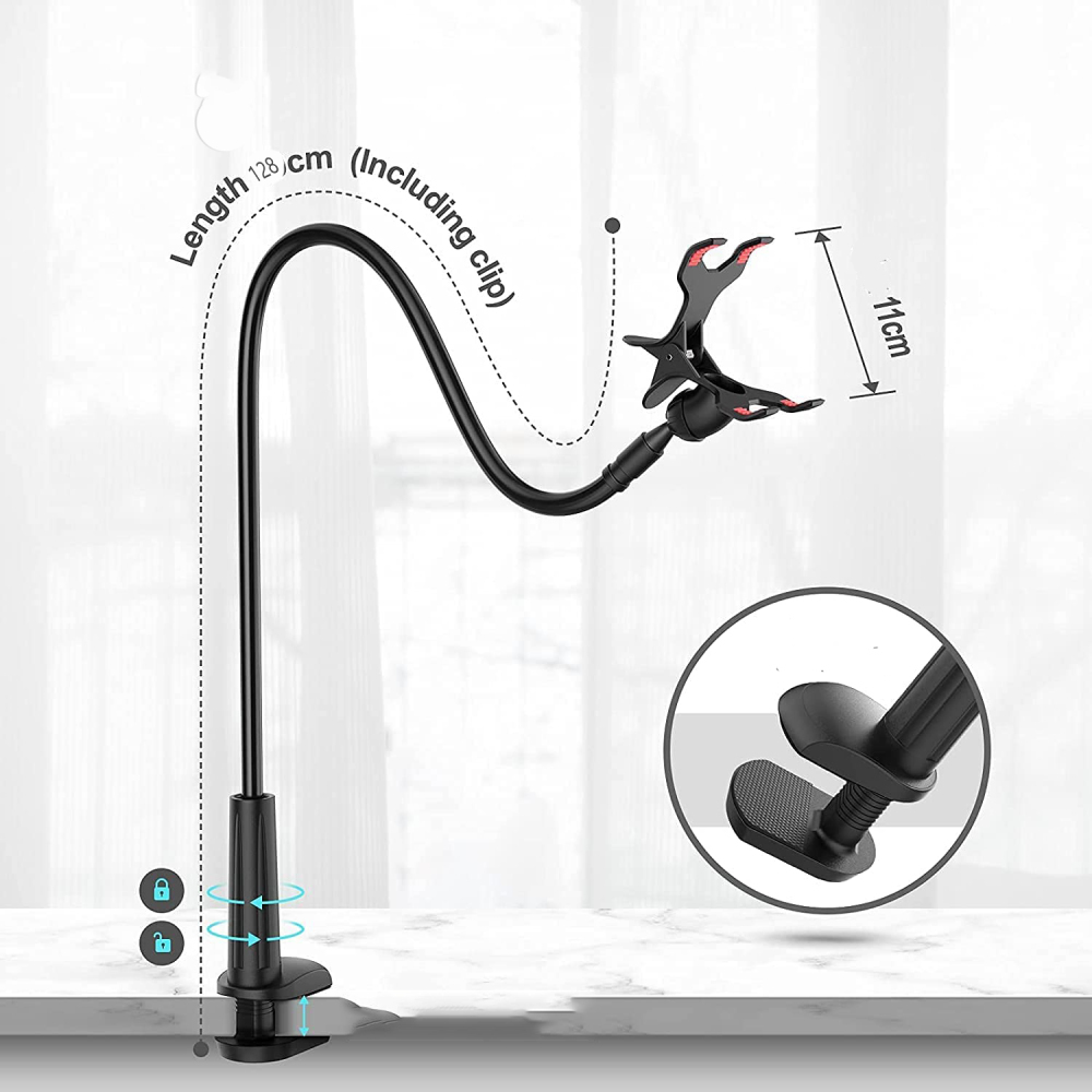 Schwarzer flexibler Telefonhalter mit Clip, Schraubbefestigung und den Maßen Länge 128 cm und Breite 11 cm.