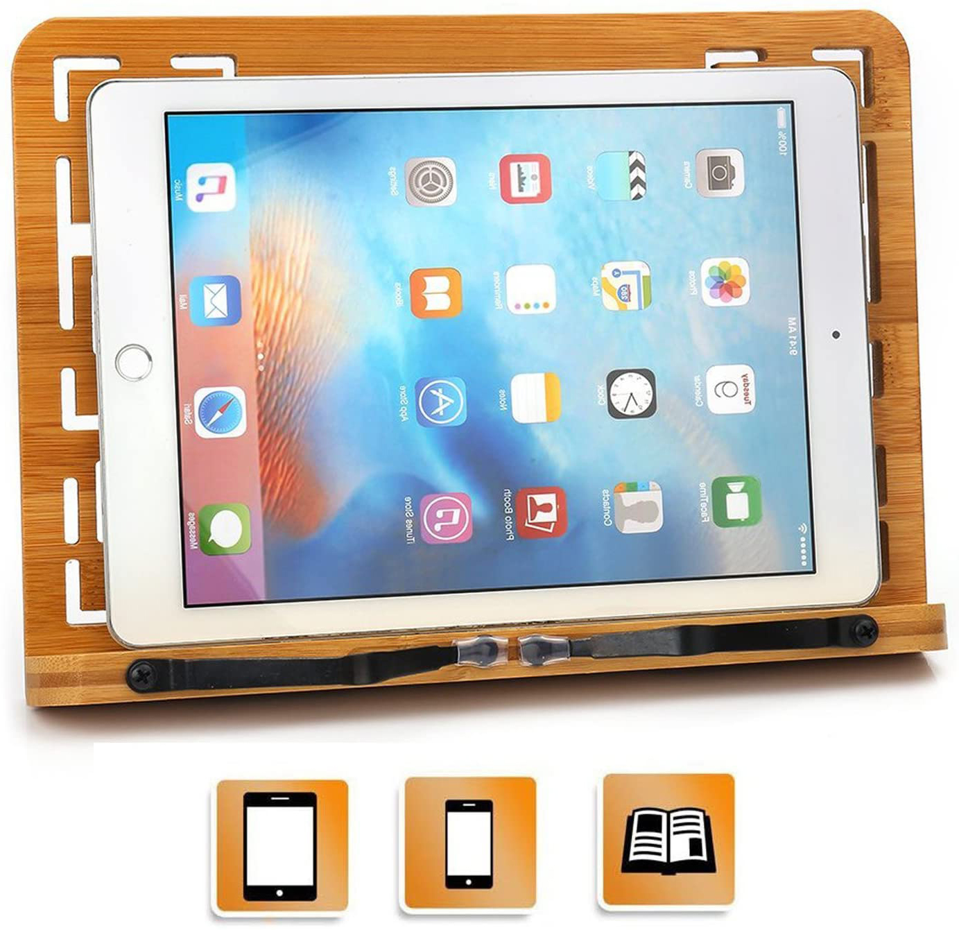 Ein Tablet befindet sich in einem Holzständer. Das Tablet zeigt App-Symbole auf seinem Bildschirm an. Unten sind drei kleine Symbole.