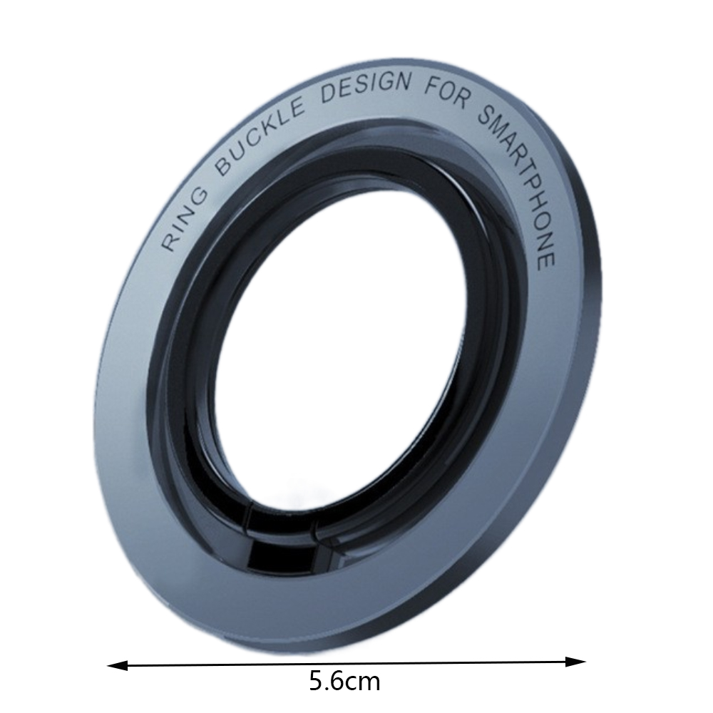 Ein Ring-Schnallen-Design für Smartphones. Der Ring ist dunkelgrau mit einem schwarzen Innenkreis. Das Maß beträgt 5,6 cm.
