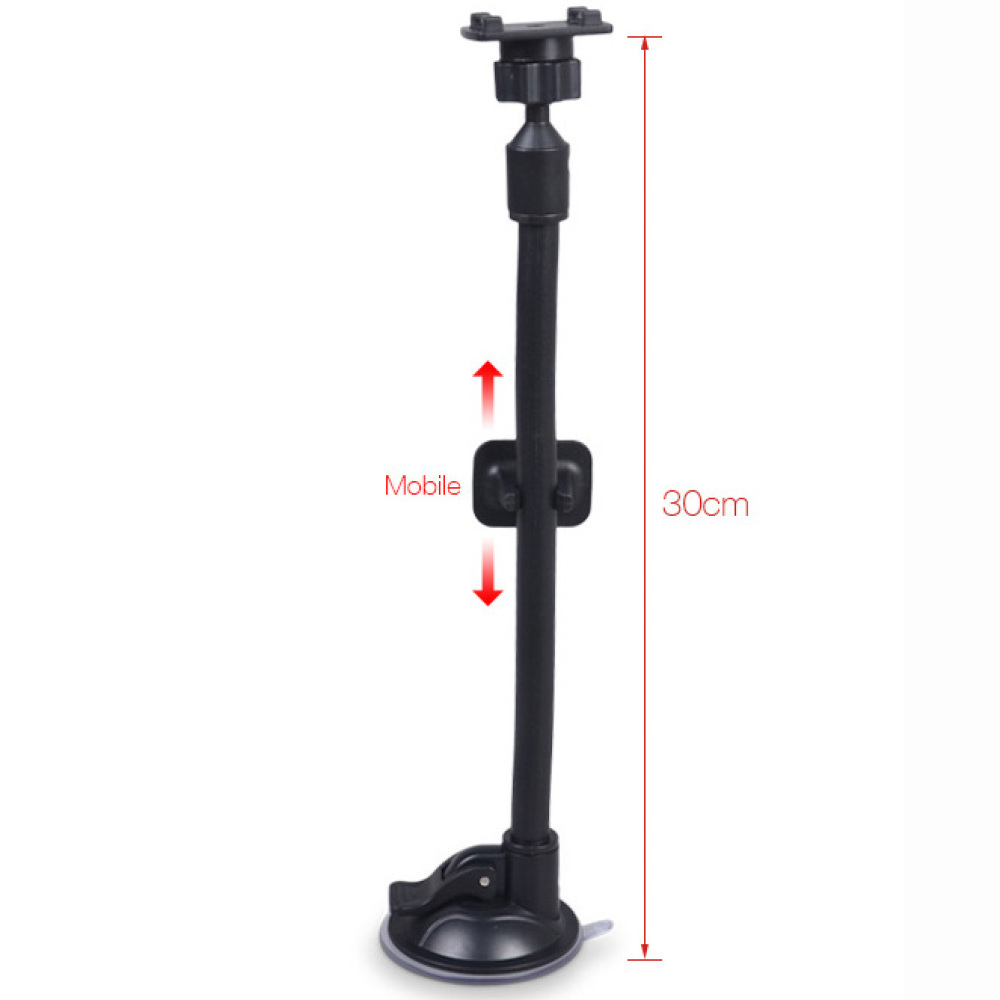 Schwarzer Autotelefonhalter. Er hat einen Saugfuß, einen verstellbaren Arm, eine Telefonhalterung und ist 30 cm hoch.