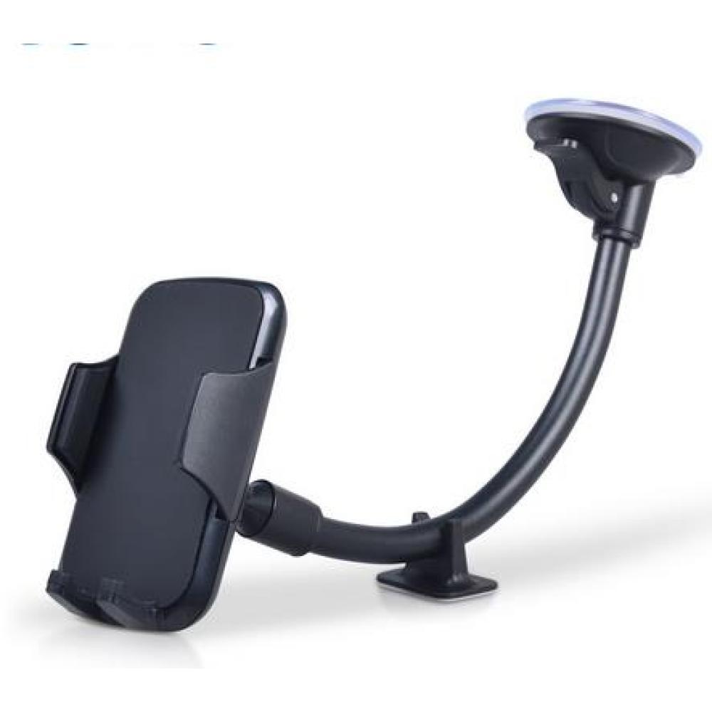 Ein schwarzer Autotelefonhalter. Er hat einen Saugnapf, einen flexiblen Arm und eine Halterung für das Telefon. Weißer Hintergrund.