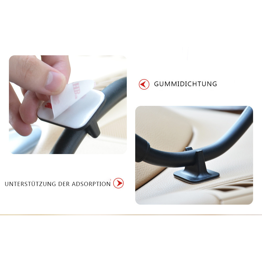Eine Hand entfernt die Schutzfolie von einem weißen Klebepad, das an einem schwarzen Kunststoffhalter befestigt ist. Der Halter befindet sich auf einem schwarzen gebogenen Stab.