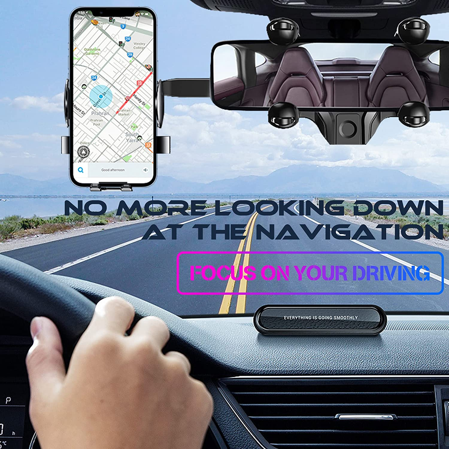 In einem Auto zeigt ein Telefon eine Karte. Eine Hand hält das Lenkrad. Der Text lautet 'Konzentrieren Sie sich auf Ihr Fahren'.