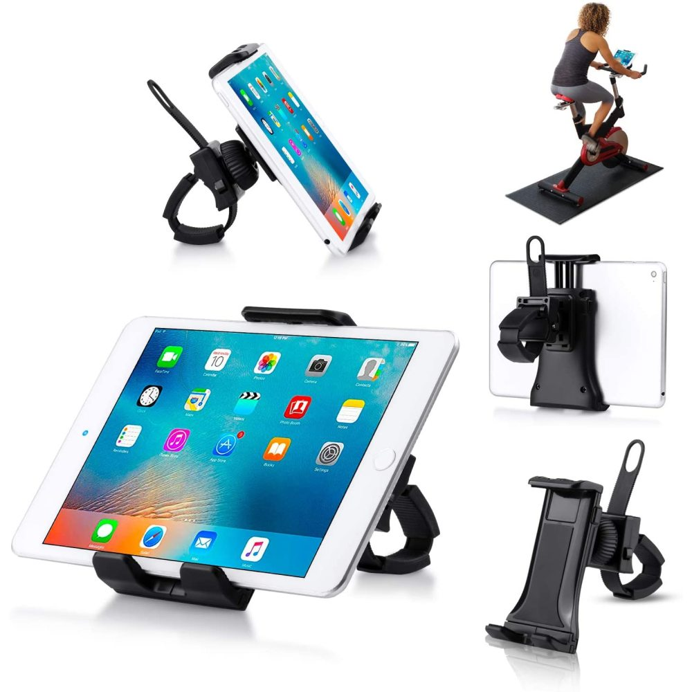 Mehrere Bilder zeigen Tablet- und Telefonhalterungen. Eines zeigt eine Frau auf einem Heimtrainer, die ein Tablet benutzt. Andere zeigen die Halterungen.