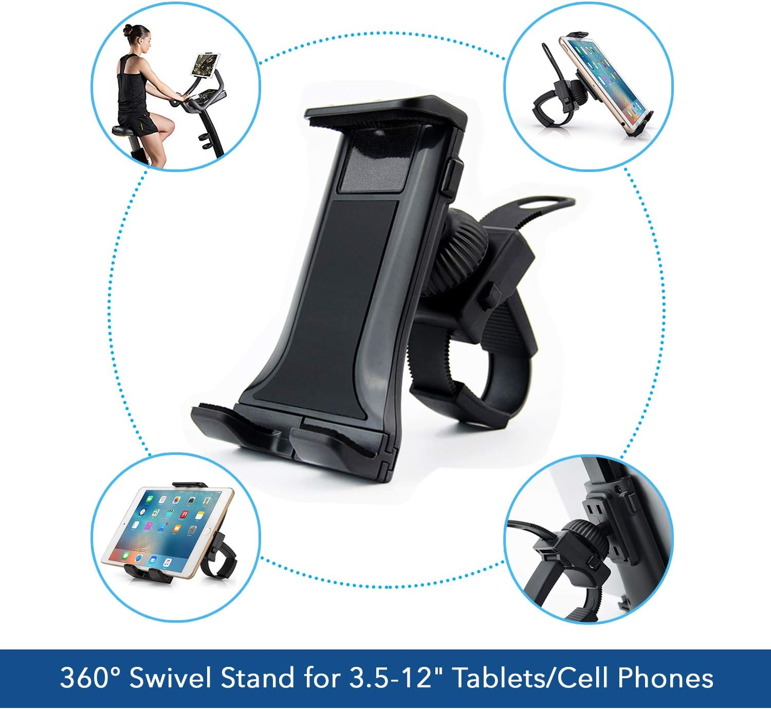 Schwarzer Tablet-Ständer mit 360°-Drehung. Enthält Anwendungsbilder: Frau auf dem Heimtrainer, Telefon und Tablet montiert.