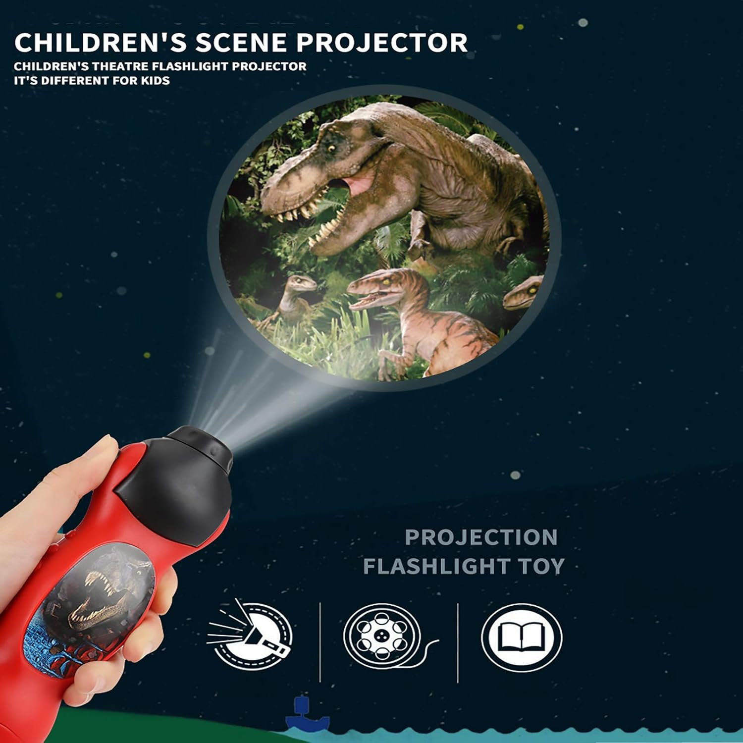 Ein roter Spielzeugprojektor, der eine Dinosaurierszene projiziert, wird gehalten. Text: 'Kinder-Szenen-Projektor'. Dunkelblauer Hintergrund mit Sternen.