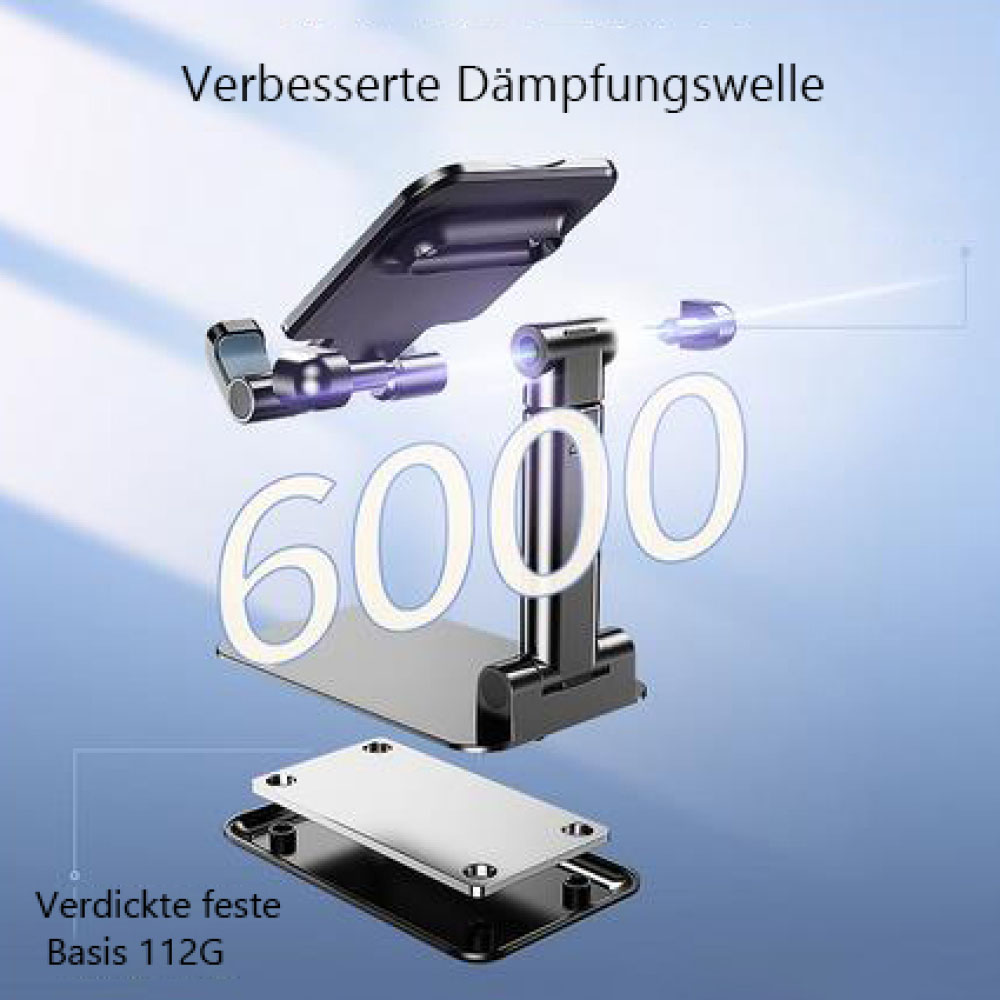 Ein schwarzer Telefonständer mit der Zahl 6000 im Hintergrund. Die Wörter 'Verbesserte Dämpfungswelle' und 'Verdickte feste Basis 112G' sind vorhanden.