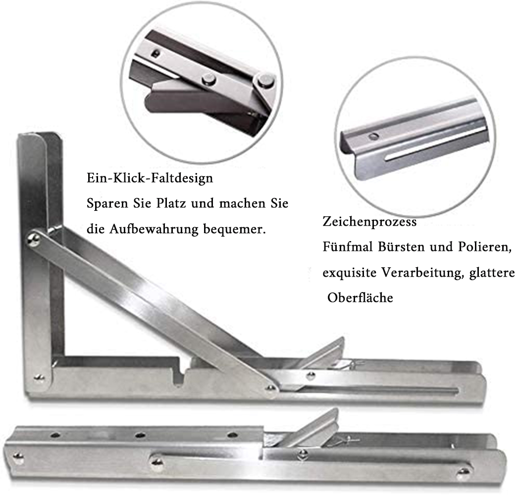 Eine klappbare Metallhalterung mit Nahaufnahmen. Texte auf Deutsch beschreiben das Design, einschließlich Platzersparnis und glatter Oberfläche.