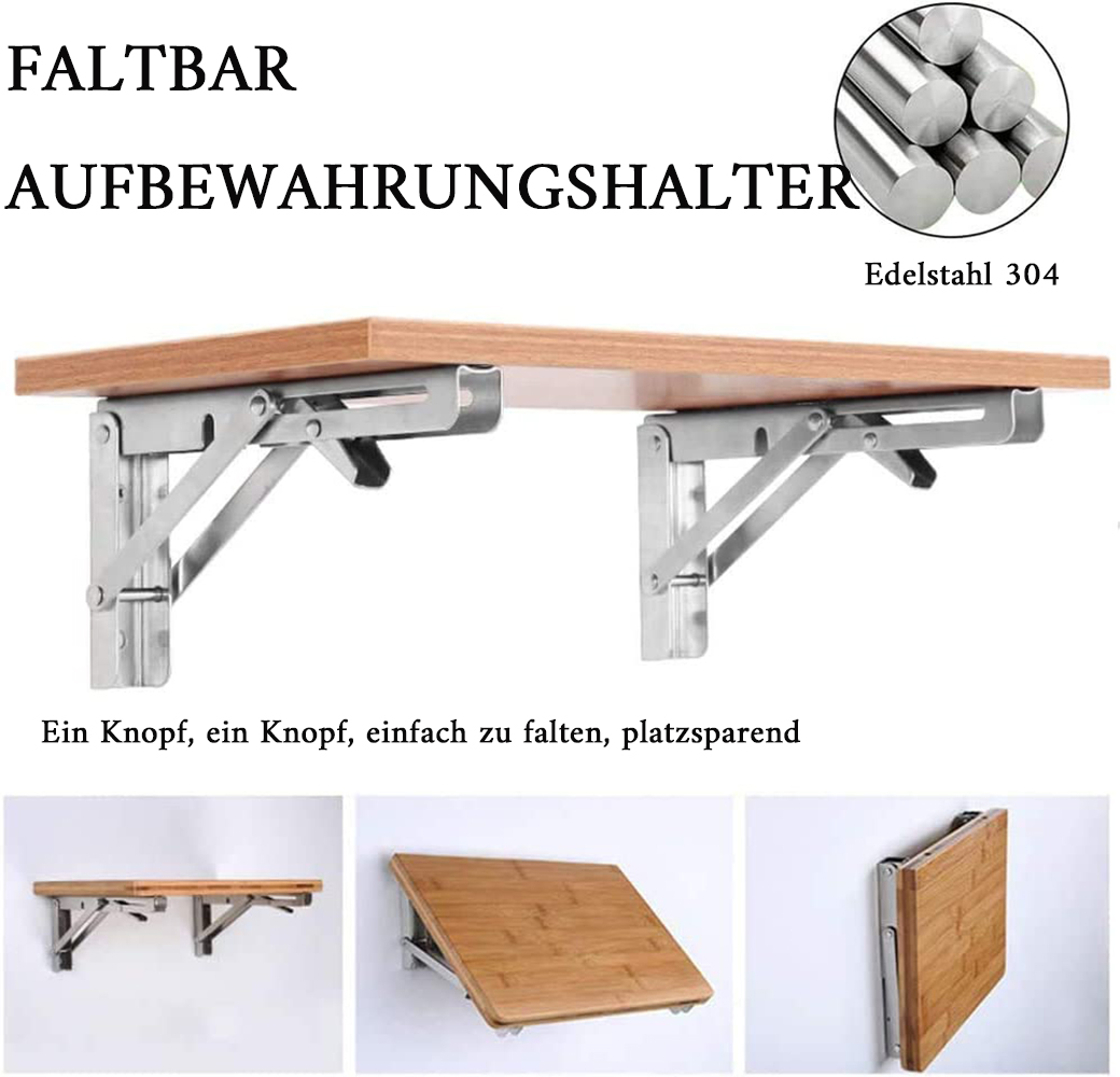 Ein klappbares, wandmontiertes Regal. Es besteht aus Holz und Edelstahl. Das Regal ist platzsparend und einfach zu falten.
