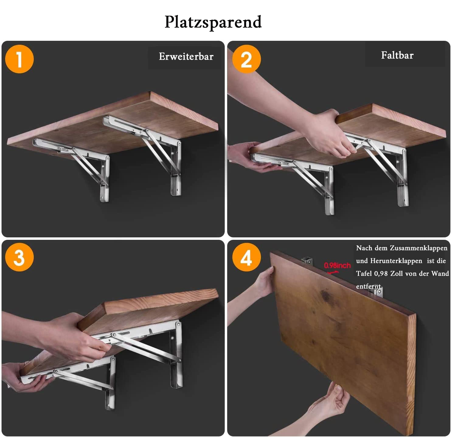 Ein klappbarer hölzerner Wandtisch wird in 4 Schritten gezeigt. Hände falten und entfalten den Tisch. Der Tisch wird mit Metallhalterungen montiert.