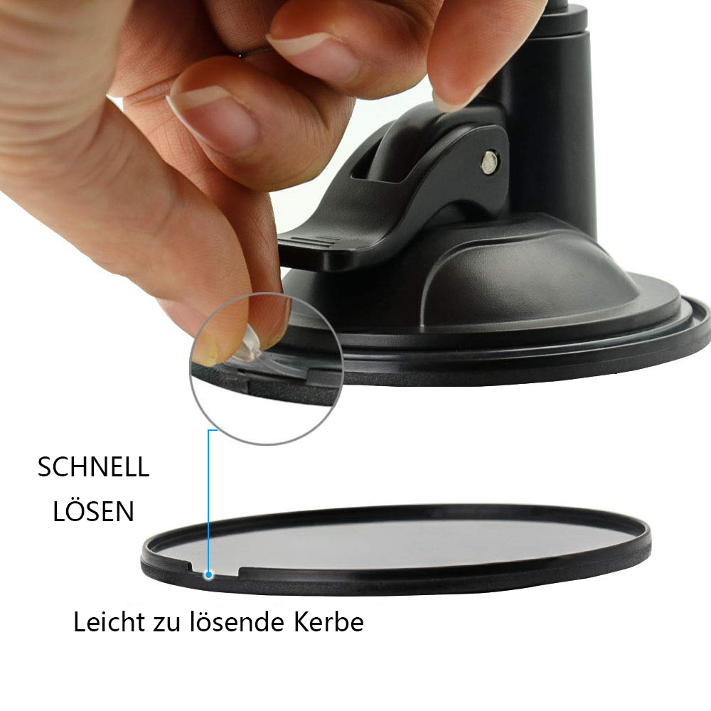 Eine Hand drückt auf ein Saugnapfgerät. Das Gerät ist schwarz mit einem transparenten Kunststoffelement. Text sagt 'SCHNELL LÖSEN' und 'Leicht zu lösende Kerbe'.