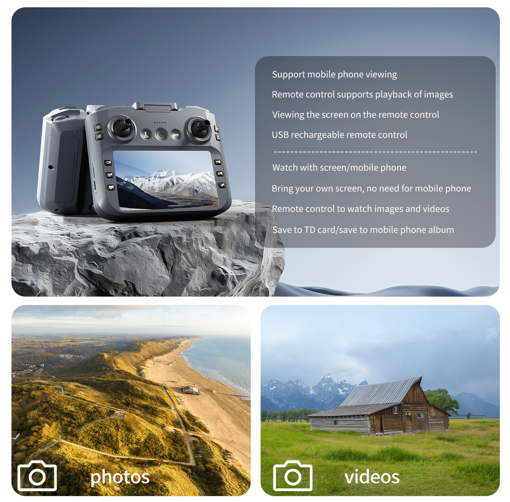 Eine Drohnenfernbedienung, ein Strandfoto und ein Scheunenfoto werden angezeigt. Anweisungen zur mobilen Anzeige, Bildwiedergabe und USB-Aufladung.