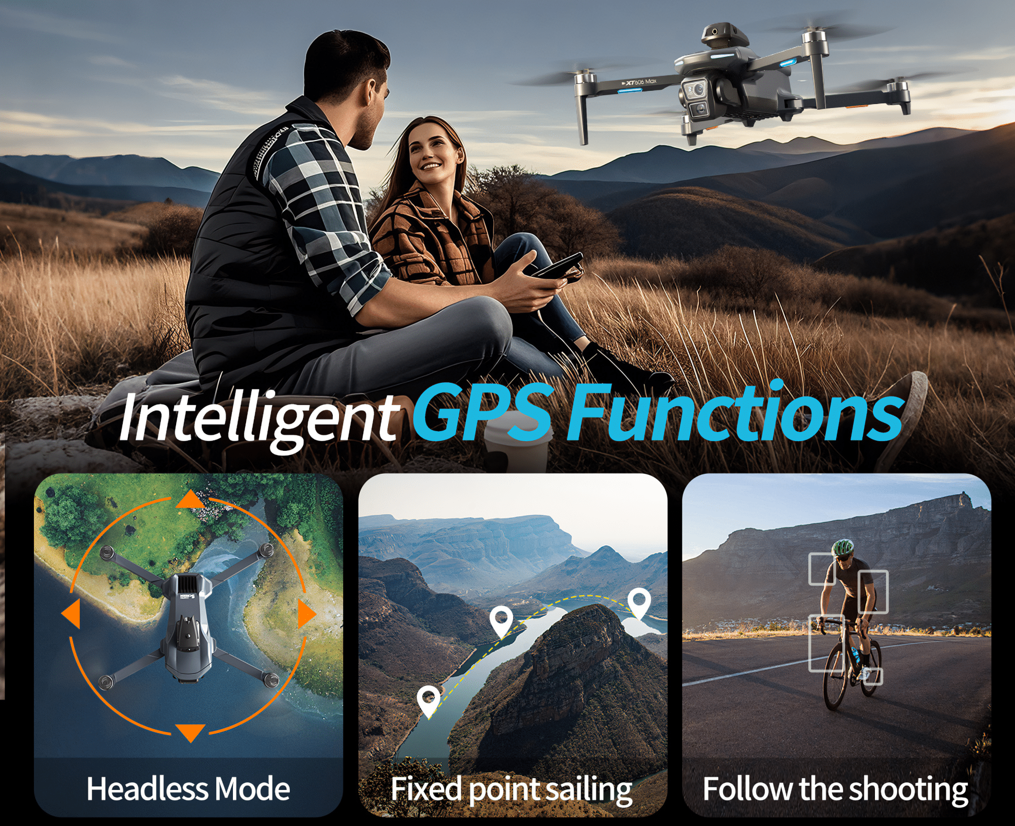 Ein Paar sitzt im Freien mit einer Drohne. Das Bild wirbt für GPS-Funktionen wie Headless-Modus und Fixed-Point-Sailing.