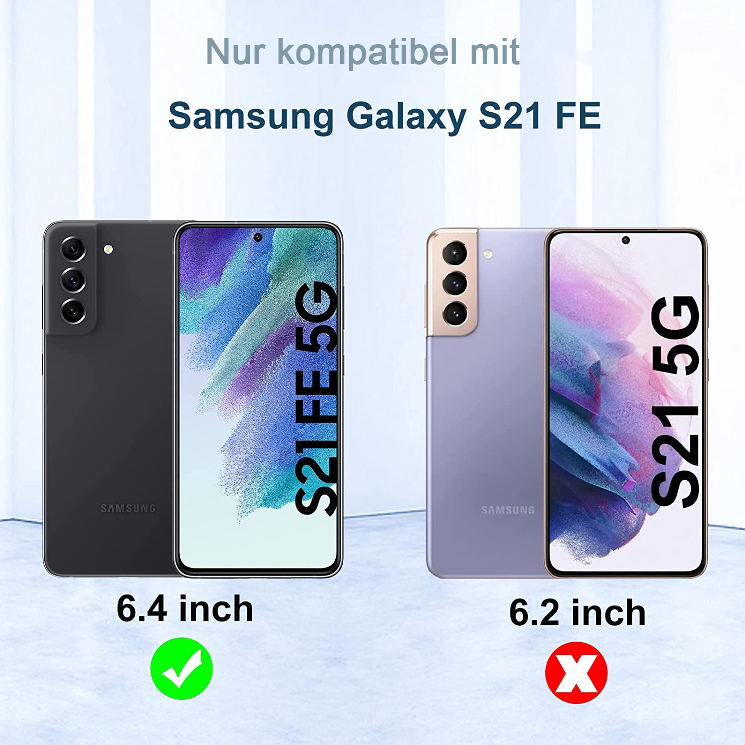 Zwei Samsung Galaxy S21 FE-Telefone. Eins schwarz, eins lila. Text: Nur kompatibel mit Samsung Galaxy S21 FE. Größen 6,4 und 6,2 Zoll.