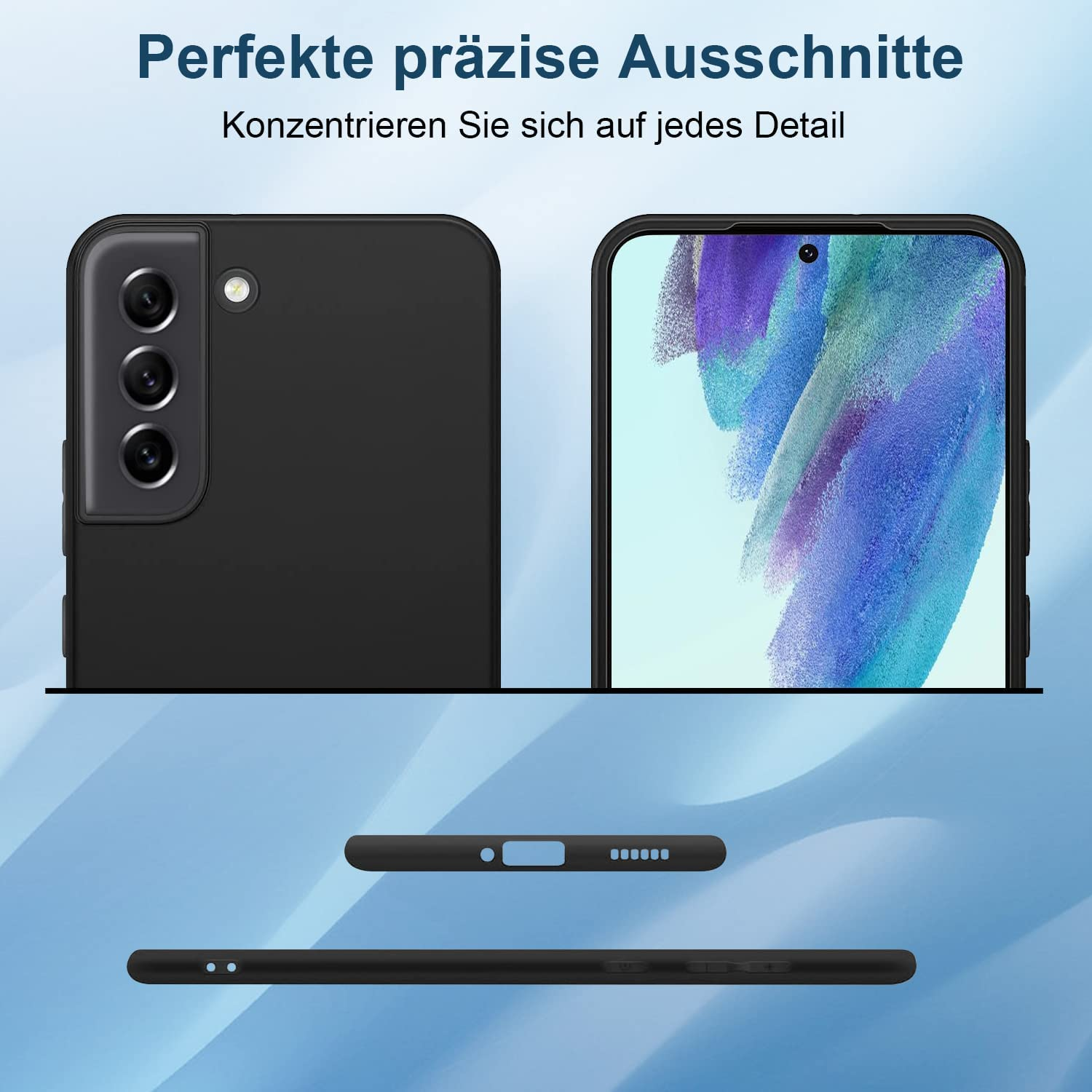 Schwarze Handyhülle mit drei Kameras und einem Handybildschirm. Text auf Deutsch lautet: „Perfekte präzise Ausschnitte“.