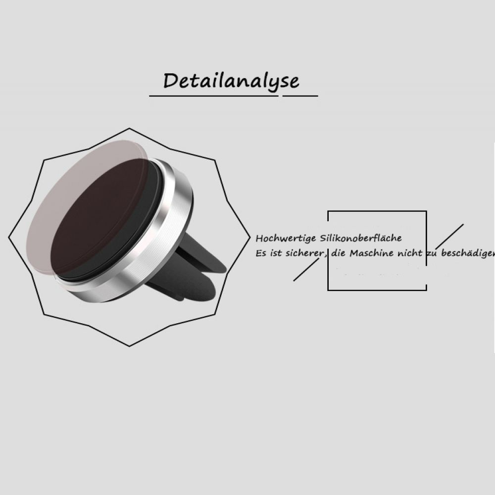 Ein Autotelefonhalter mit Magnetfuß, Silberring und schwarzen Zinken. Textdetails zu Qualität und Sicherheit auf grauem Hintergrund.
